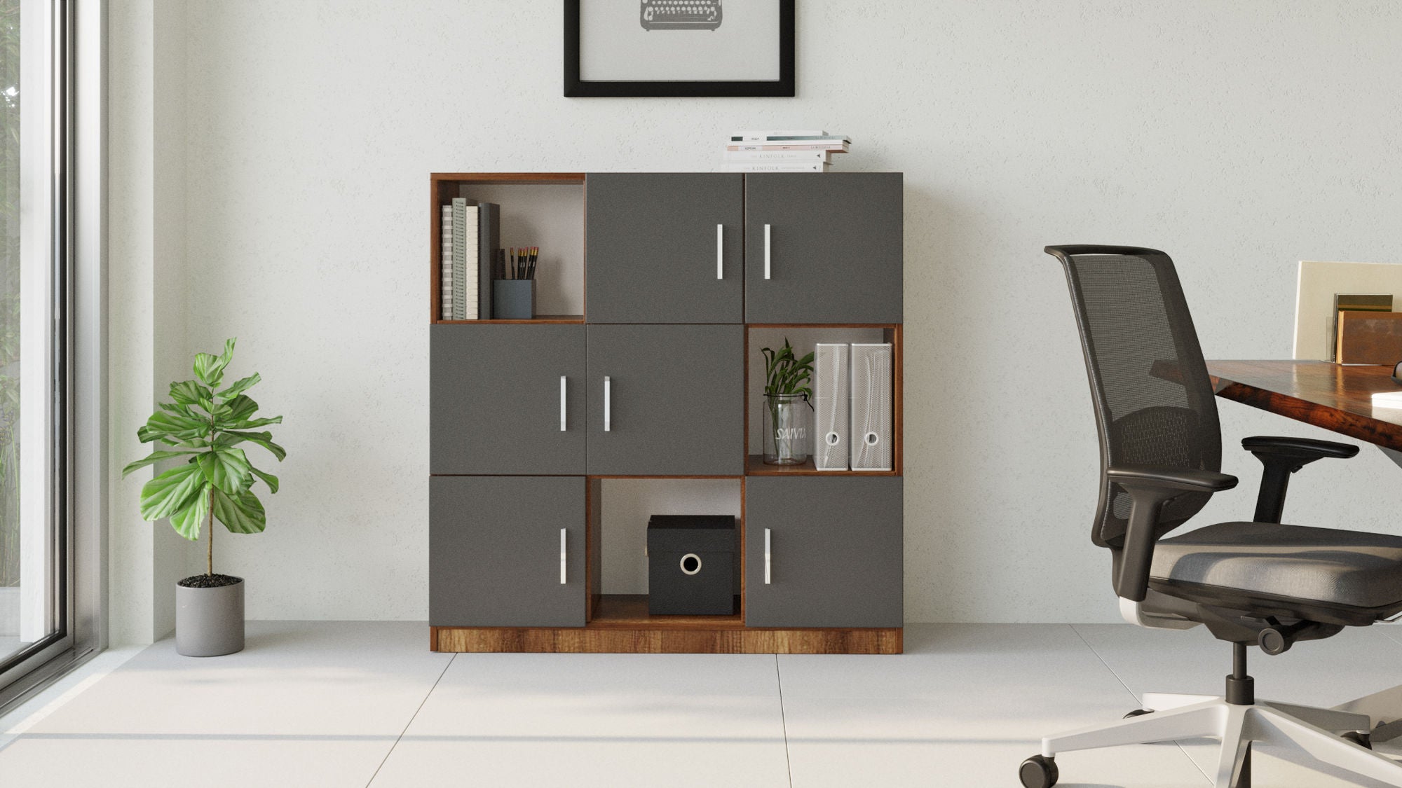 Armário moderno multiuso, nogueira e antracite, 119,9 x 121,8 x 37,6 cm | Painel de partículas 100% revestido de melamina, 18 mm de espessura | Solução de armazenamento elegante