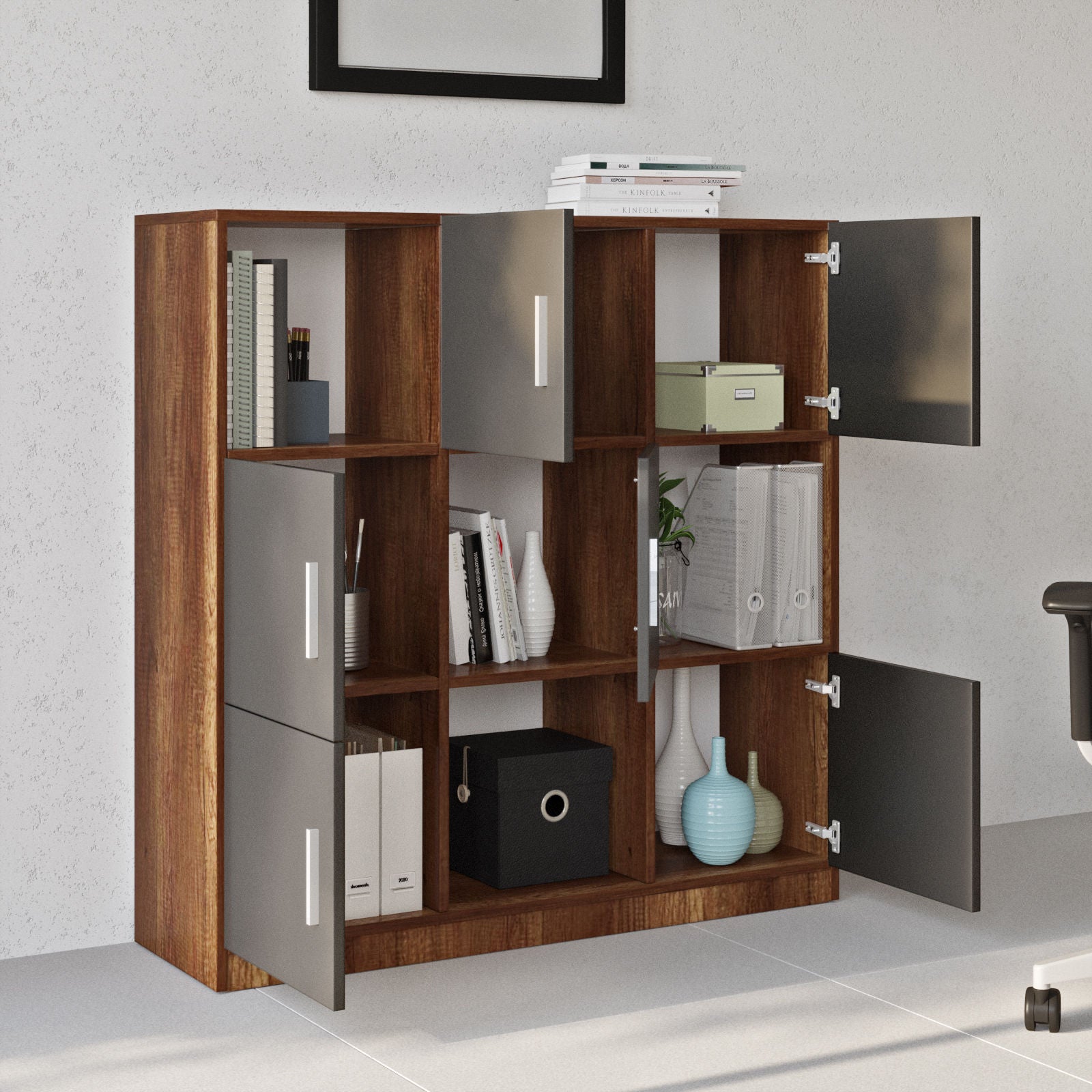 Armário moderno multiuso, nogueira e antracite, 119,9 x 121,8 x 37,6 cm | Painel de partículas 100% revestido de melamina, 18 mm de espessura | Solução de armazenamento elegante