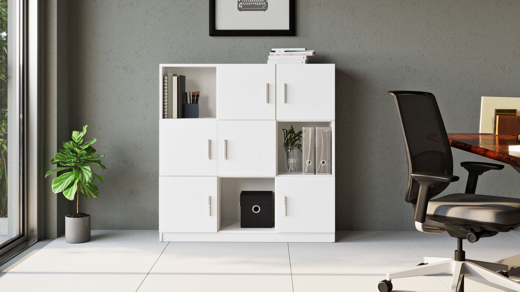 Armário moderno multiuso, branco, 119,9 x 121,8 x 37,6 cm | Painel de partículas 100% revestido de melamina, 18 mm de espessura | Solução de armazenamento elegante para casa e escritório