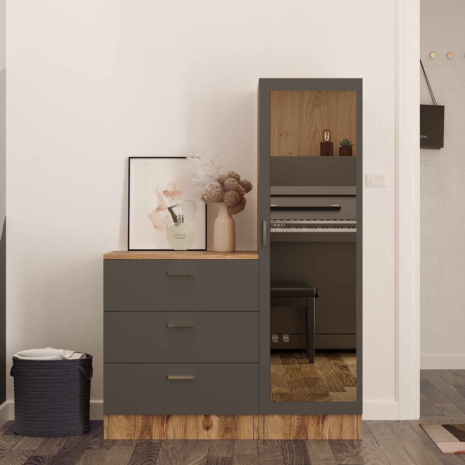 Armário multiusos – 140 x 40 x 45 cm – Pinho Atlântico e Antracite – Melamina