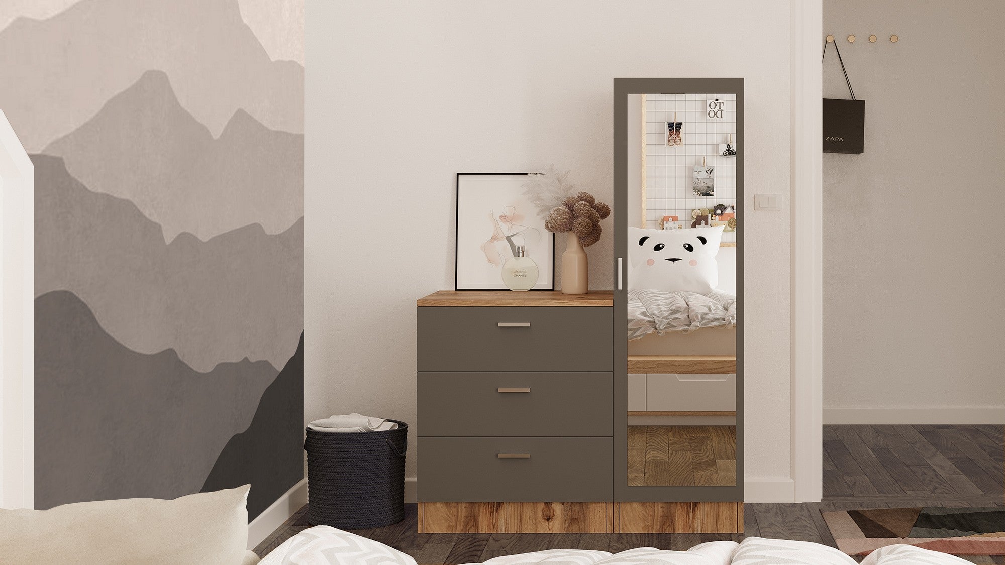 Armário multiusos – 140 x 40 x 45 cm – Pinho Atlântico e Antracite – Melamina