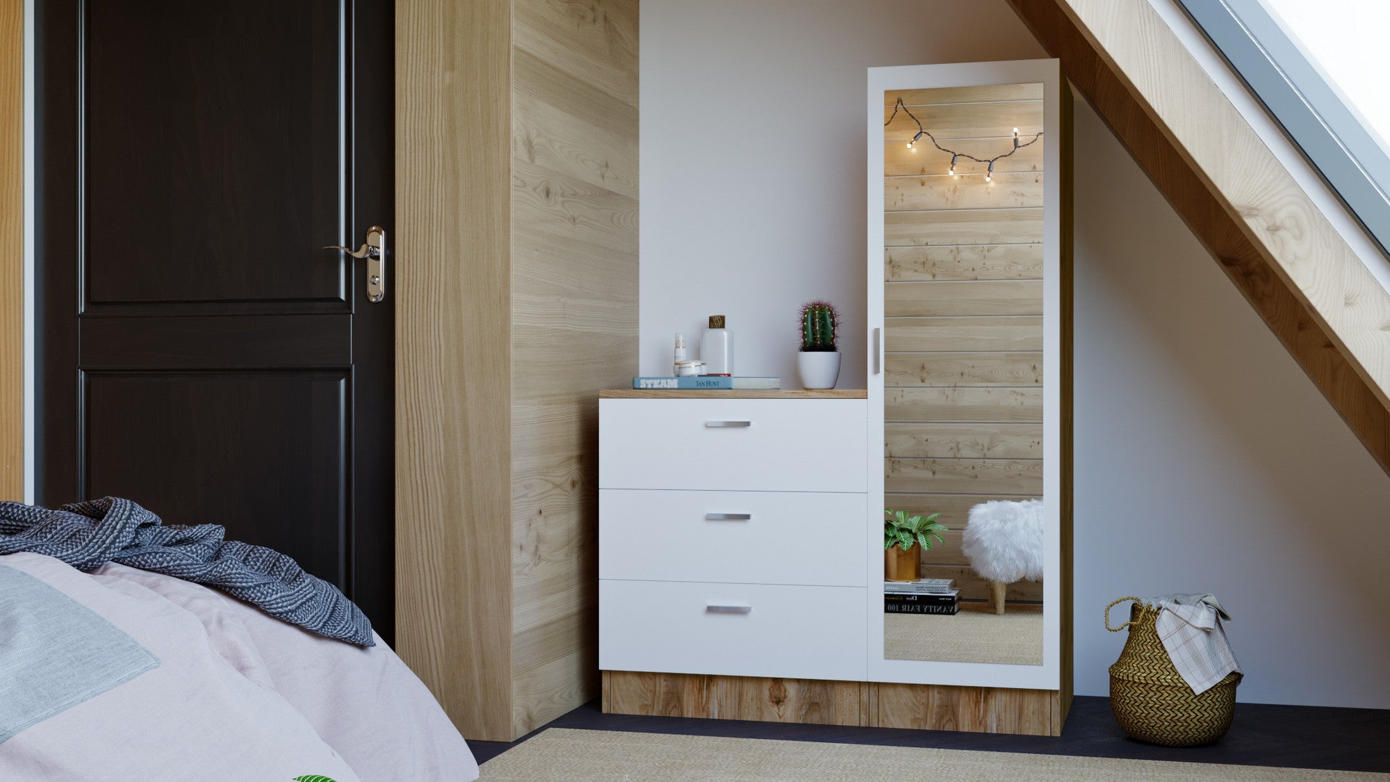 Armário multifunções – 140 x 40 x 47 cm – Pinho Atlântico e Branco – Melamina