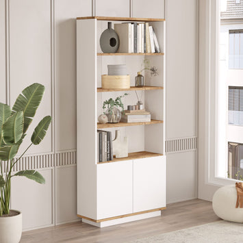 Estante elegante em pinho atlântico e branco, 75 cm L x 168,3 cm A x 26,8 cm P | Painel de partículas 100% revestido em melamina, 18 mm de espessura | Perfeita para espaços modernos