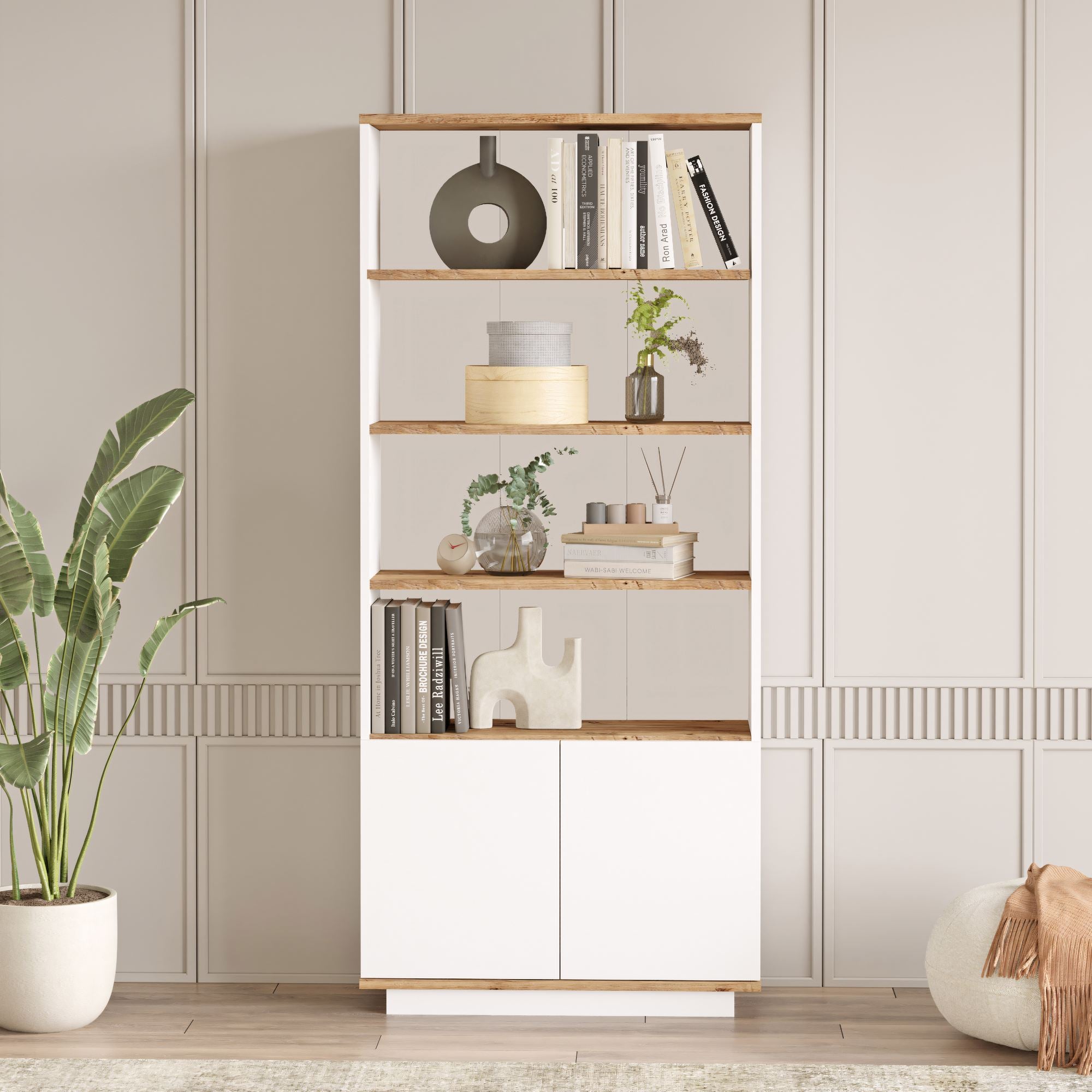 Estante elegante em pinho atlântico e branco, 75 cm L x 168,3 cm A x 26,8 cm P | Painel de partículas 100% revestido em melamina, 18 mm de espessura | Perfeita para espaços modernos