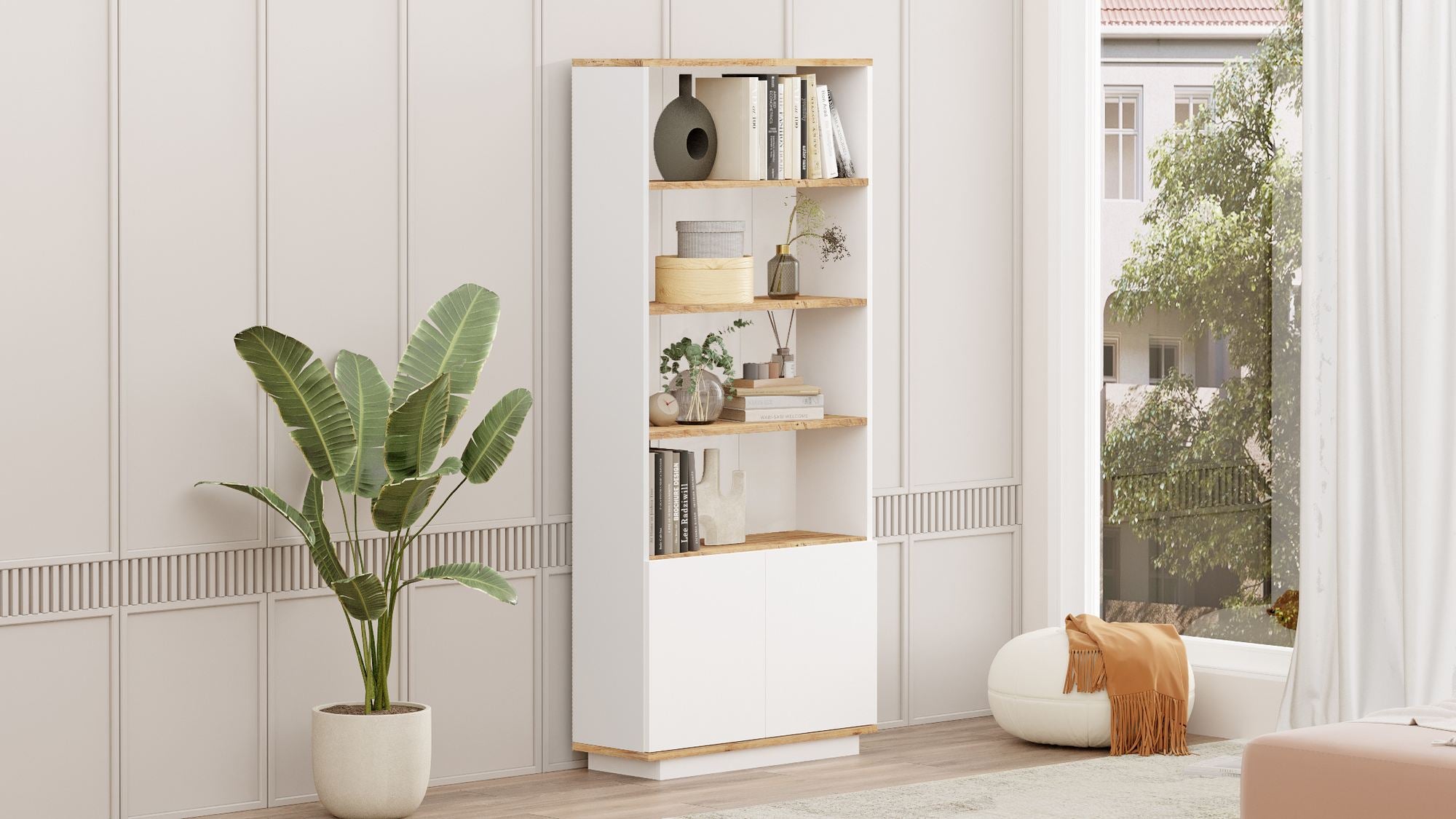 Estante elegante em pinho atlântico e branco, 75 cm L x 168,3 cm A x 26,8 cm P | Painel de partículas 100% revestido em melamina, 18 mm de espessura | Perfeita para espaços modernos