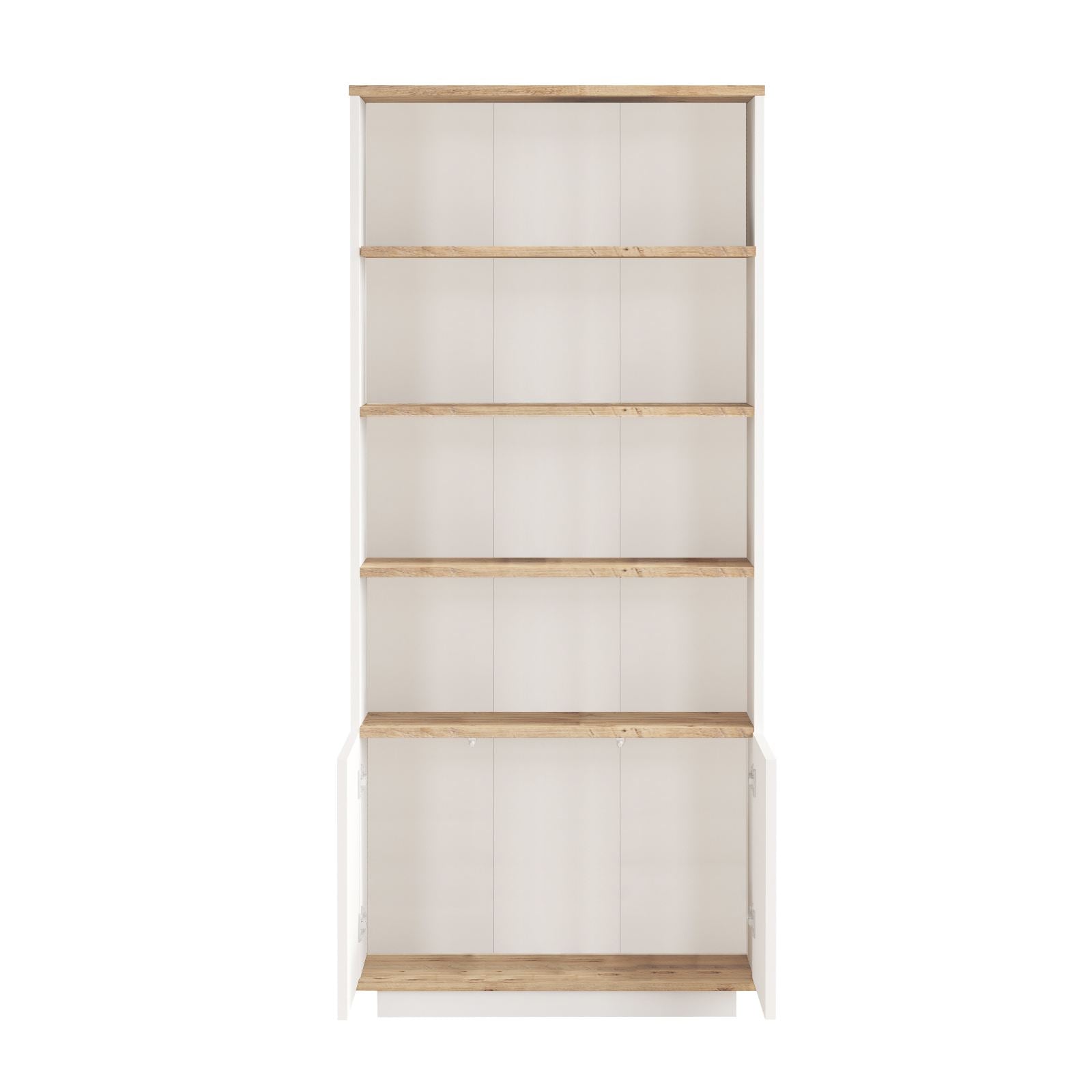 Estante elegante em pinho atlântico e branco, 75 cm L x 168,3 cm A x 26,8 cm P | Painel de partículas 100% revestido em melamina, 18 mm de espessura | Perfeita para espaços modernos