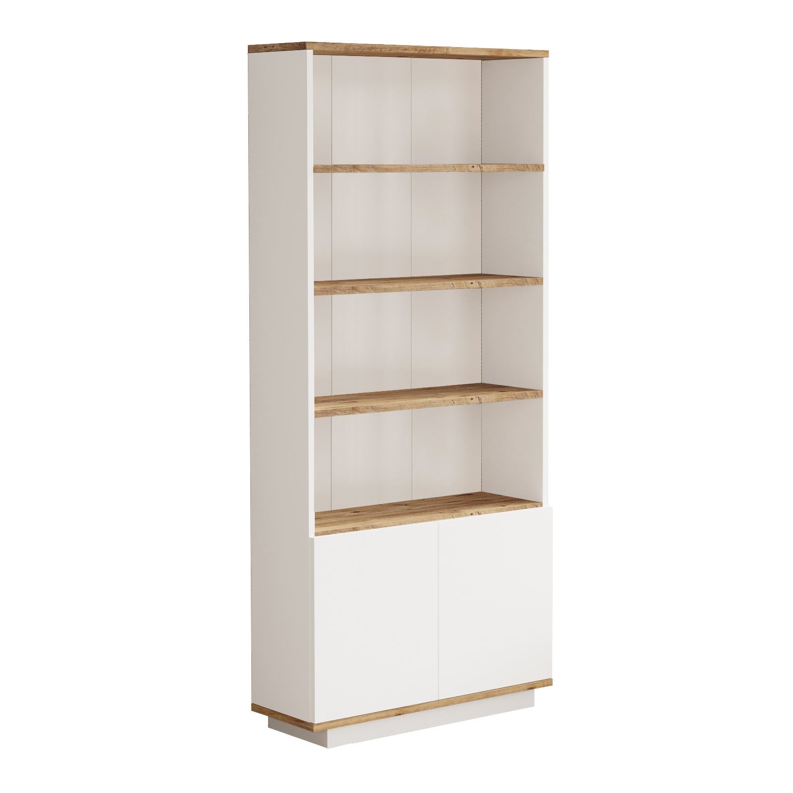 Estante elegante em pinho atlântico e branco, 75 cm L x 168,3 cm A x 26,8 cm P | Painel de partículas 100% revestido em melamina, 18 mm de espessura | Perfeita para espaços modernos