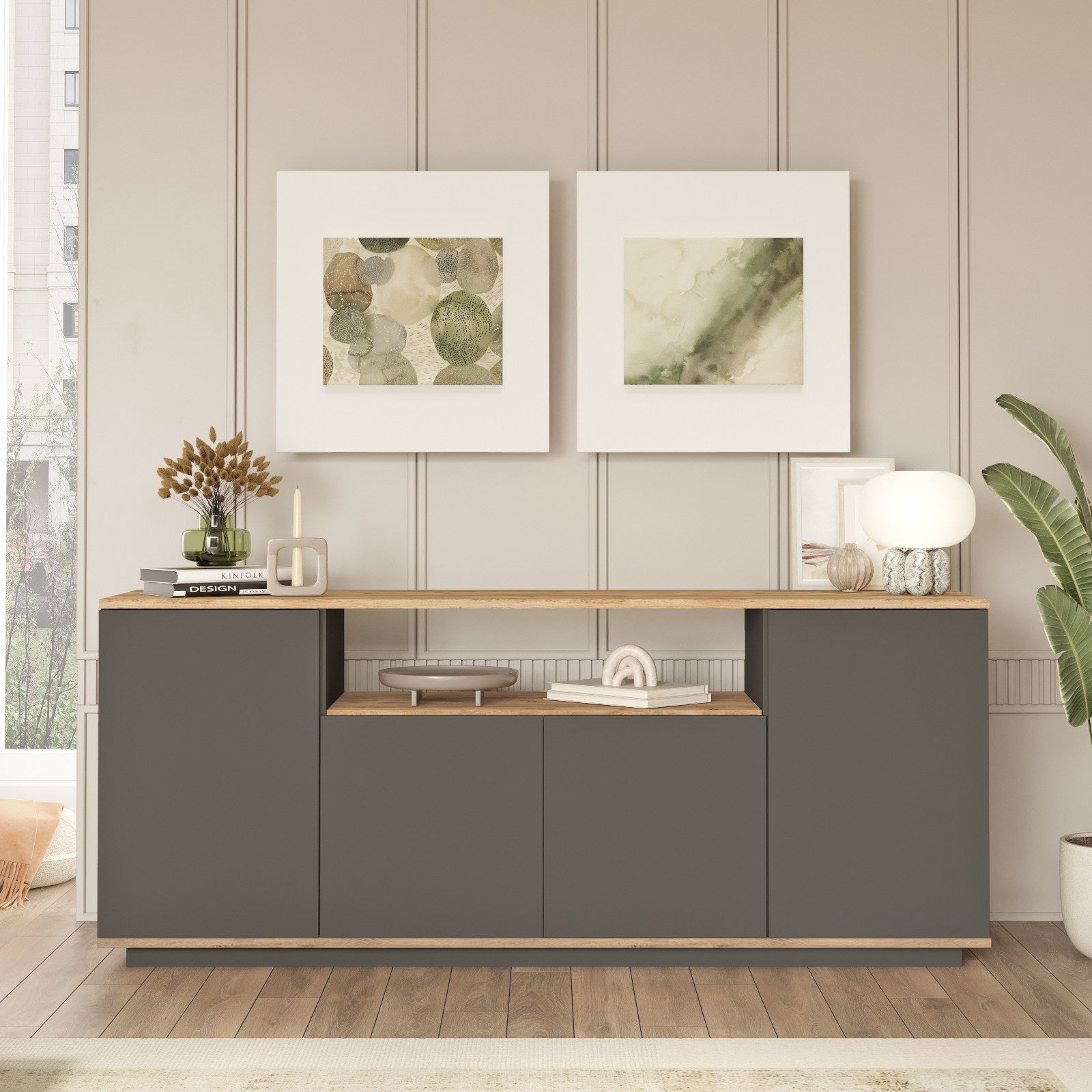 Aparador – 180 x 75 x 44,5 cm – Pinho Atlântico e Antracite – Painéis de Partículas revestidos a Melamina