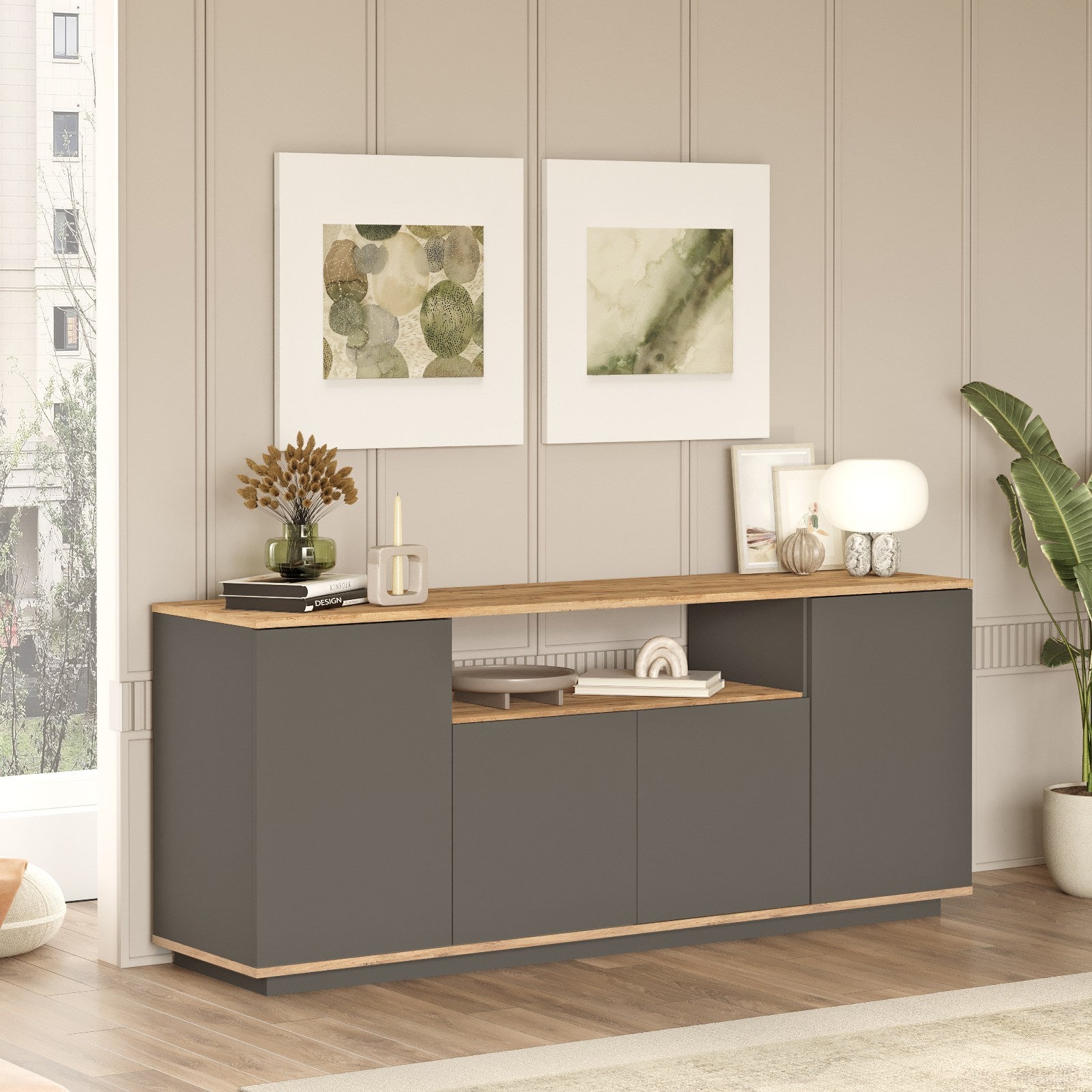 Aparador – 180 x 75 x 44,5 cm – Pinho Atlântico e Antracite – Painéis de Partículas revestidos a Melamina