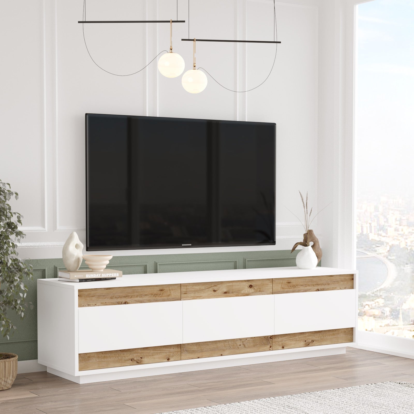 Mesa de TV Atlantic Pine Branca 180cm - Design Moderno com Acabamento Melamínico Resistente