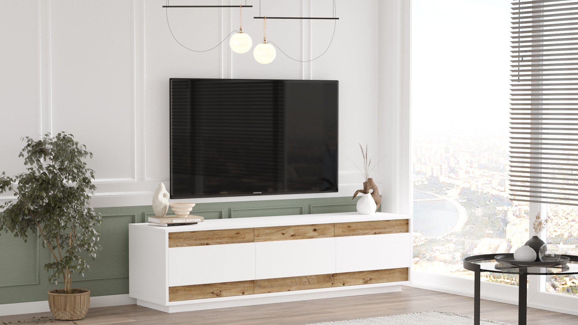 Mesa de TV Atlantic Pine Branca 180cm - Design Moderno com Acabamento Melamínico Resistente