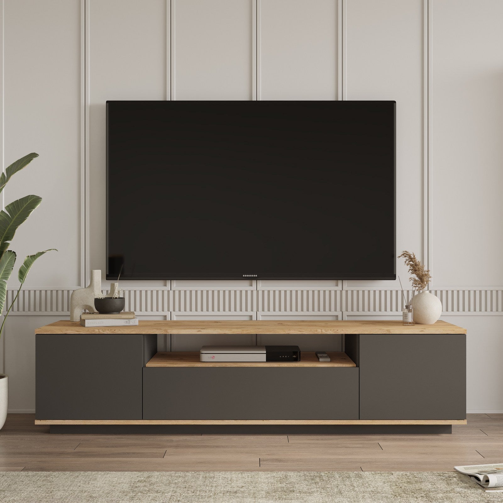 Suporte de TV moderno, pinho atlântico e antracite, 180 x 44,6 x 44,5 cm | Painel de partículas 100% revestido de melamina, 18 mm de espessura | Design elegante e funcional para qualquer sala de estar