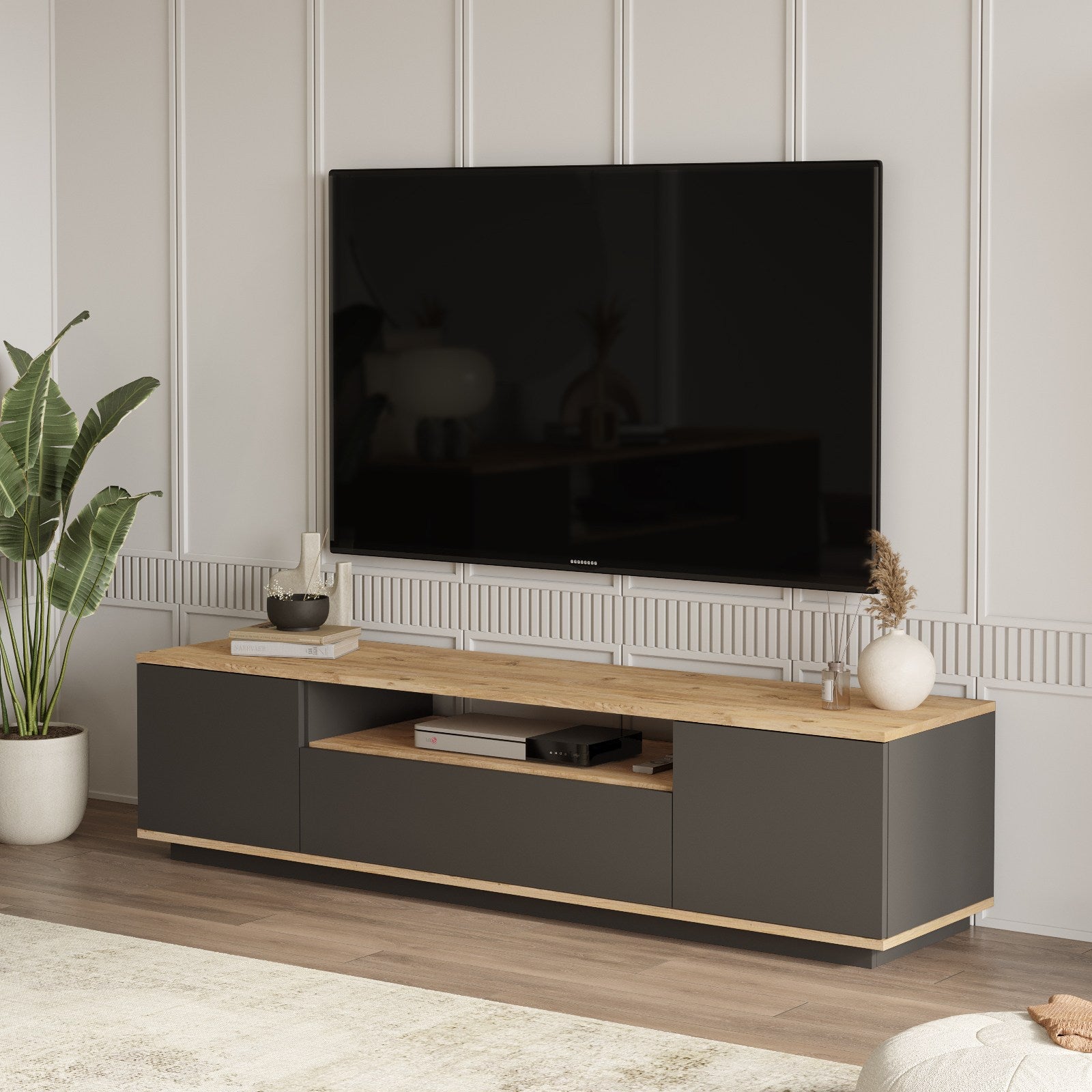 Suporte de TV moderno, pinho atlântico e antracite, 180 x 44,6 x 44,5 cm | Painel de partículas 100% revestido de melamina, 18 mm de espessura | Design elegante e funcional para qualquer sala de estar