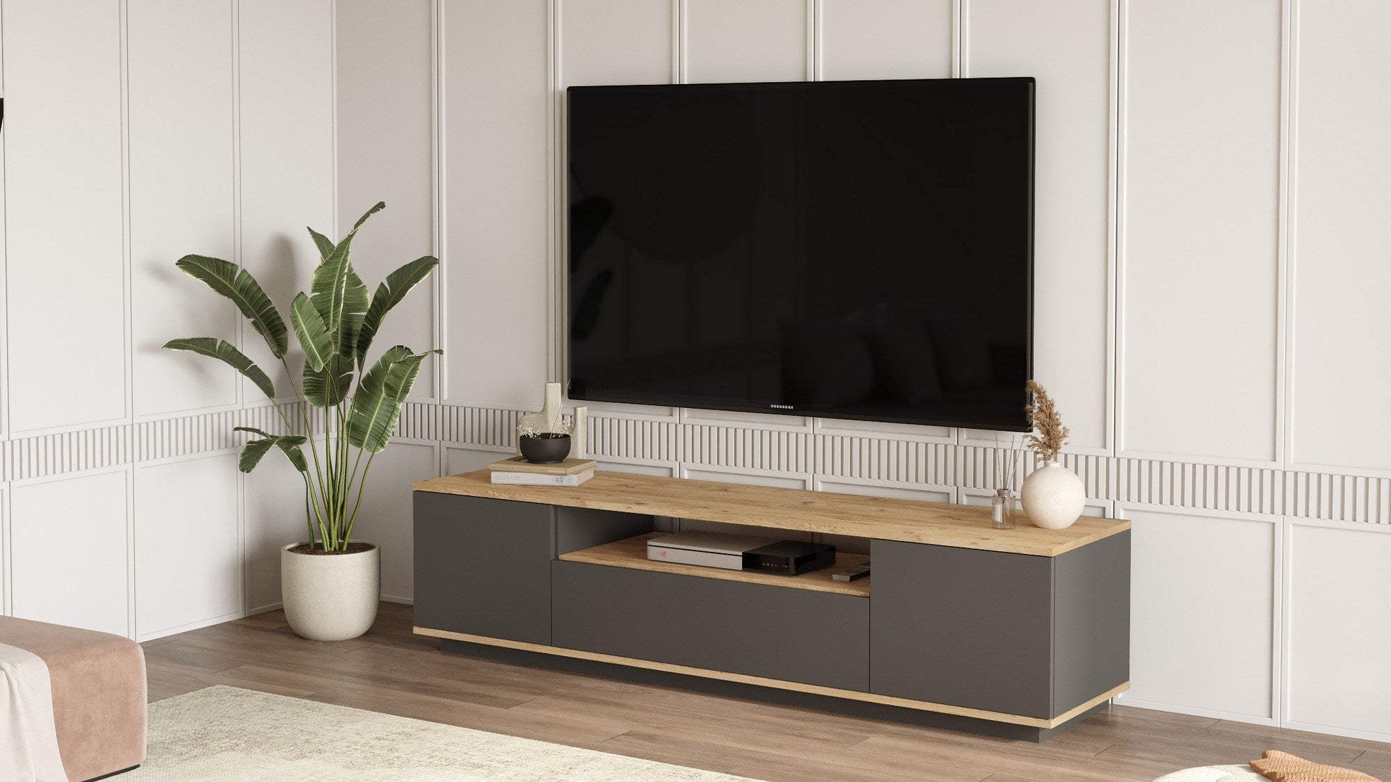 Suporte de TV moderno, pinho atlântico e antracite, 180 x 44,6 x 44,5 cm | Painel de partículas 100% revestido de melamina, 18 mm de espessura | Design elegante e funcional para qualquer sala de estar