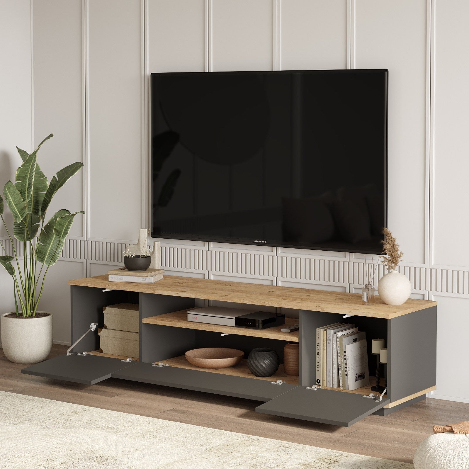 Suporte de TV moderno, pinho atlântico e antracite, 180 x 44,6 x 44,5 cm | Painel de partículas 100% revestido de melamina, 18 mm de espessura | Design elegante e funcional para qualquer sala de estar