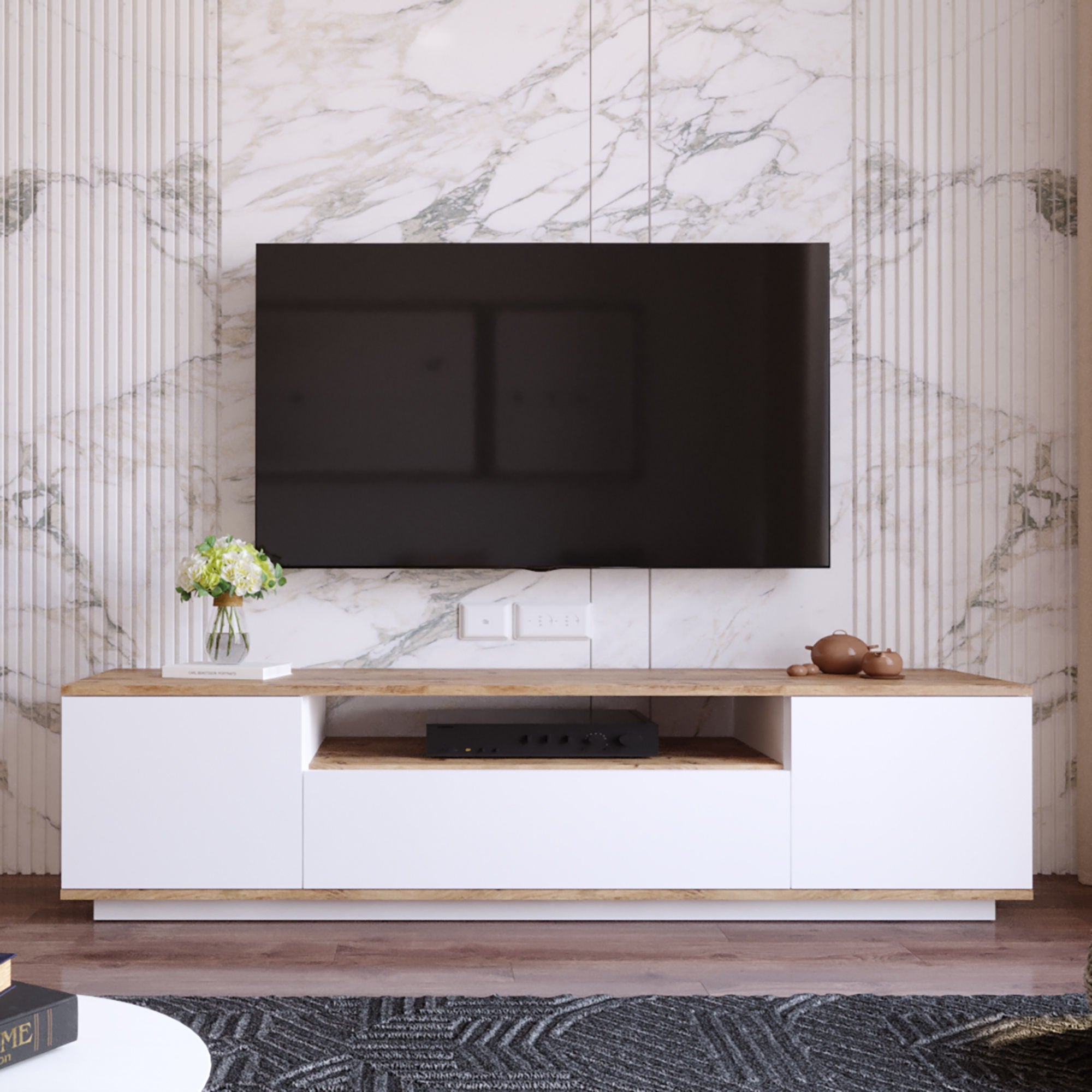 Suporte de TV moderno, pinho atlântico e branco, 180 cm x 44,6 cm x 44,5 cm | Painel de partículas 100% revestido de melamina, 18 mm de espessura | Design elegante e funcional para salas de estar