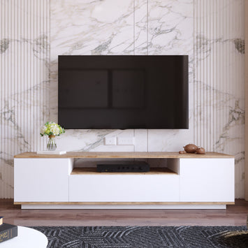 Suporte de TV moderno, pinho atlântico e branco, 180 cm x 44,6 cm x 44,5 cm | Painel de partículas 100% revestido de melamina, 18 mm de espessura | Design elegante e funcional para salas de estar