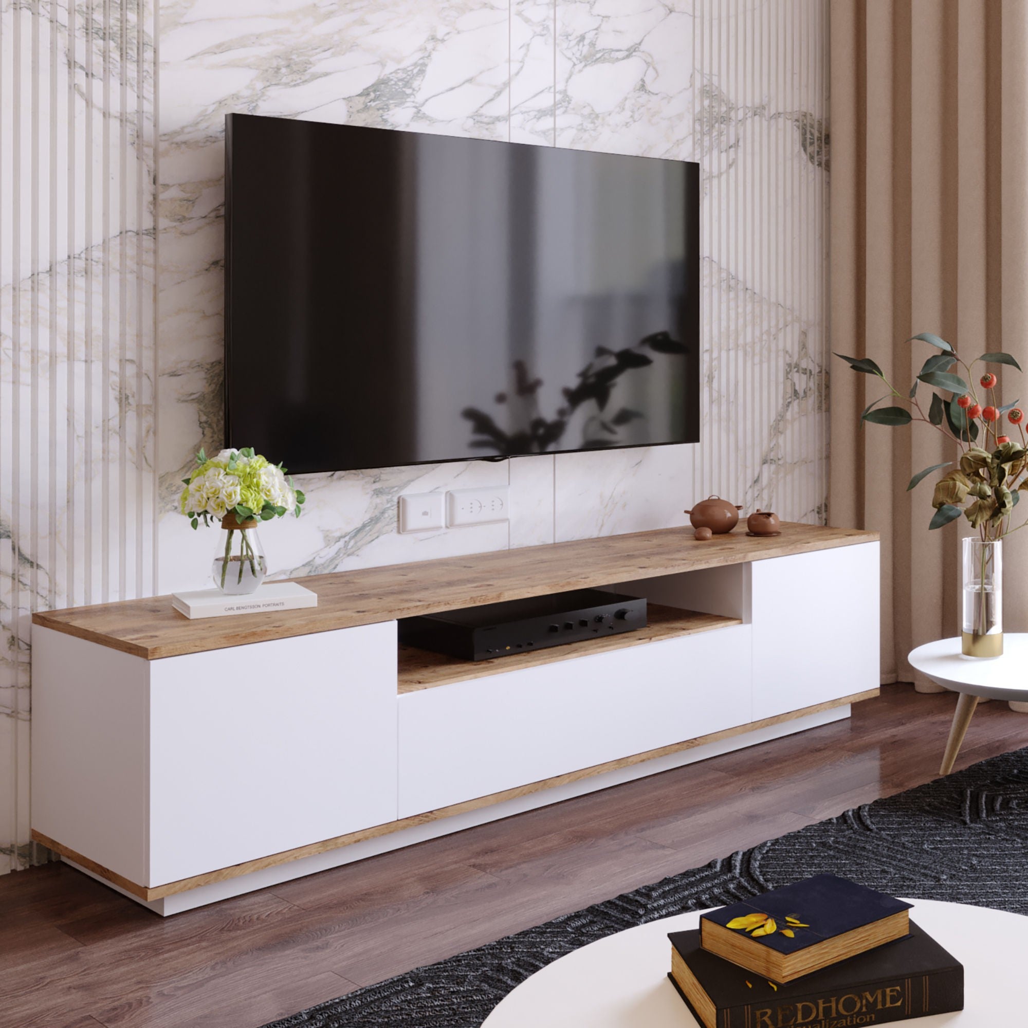 Suporte de TV moderno, pinho atlântico e branco, 180 cm x 44,6 cm x 44,5 cm | Painel de partículas 100% revestido de melamina, 18 mm de espessura | Design elegante e funcional para salas de estar