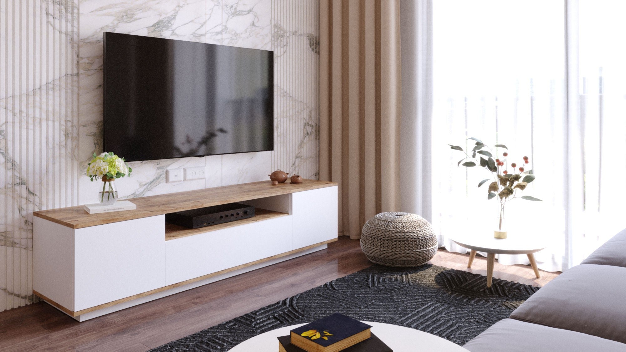 Suporte de TV moderno, pinho atlântico e branco, 180 cm x 44,6 cm x 44,5 cm | Painel de partículas 100% revestido de melamina, 18 mm de espessura | Design elegante e funcional para salas de estar
