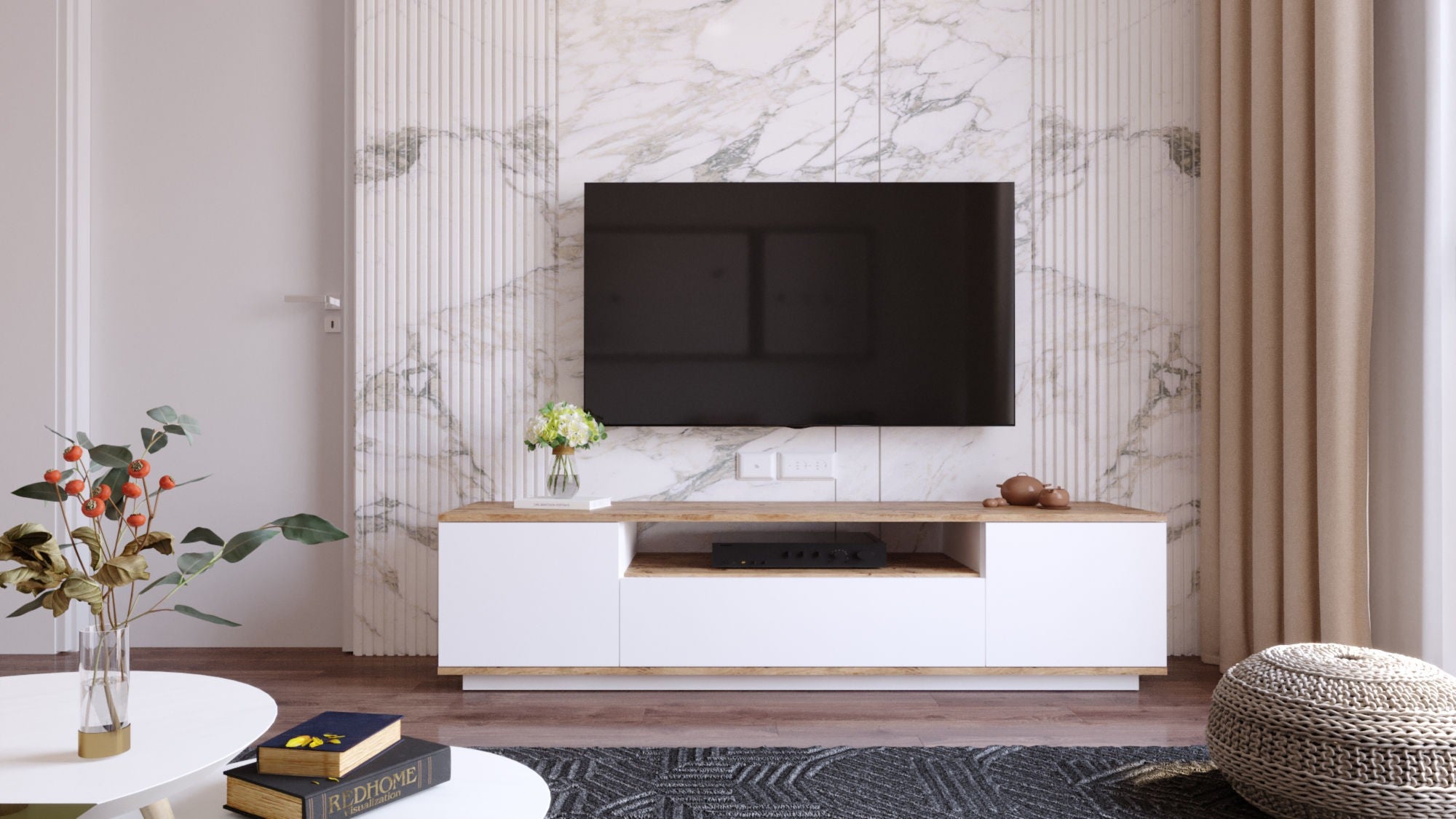 Suporte de TV moderno, pinho atlântico e branco, 180 cm x 44,6 cm x 44,5 cm | Painel de partículas 100% revestido de melamina, 18 mm de espessura | Design elegante e funcional para salas de estar