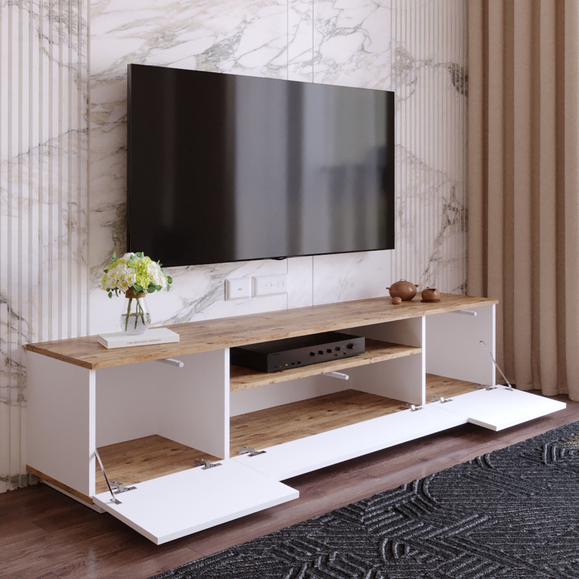 Suporte de TV moderno, pinho atlântico e branco, 180 cm x 44,6 cm x 44,5 cm | Painel de partículas 100% revestido de melamina, 18 mm de espessura | Design elegante e funcional para salas de estar