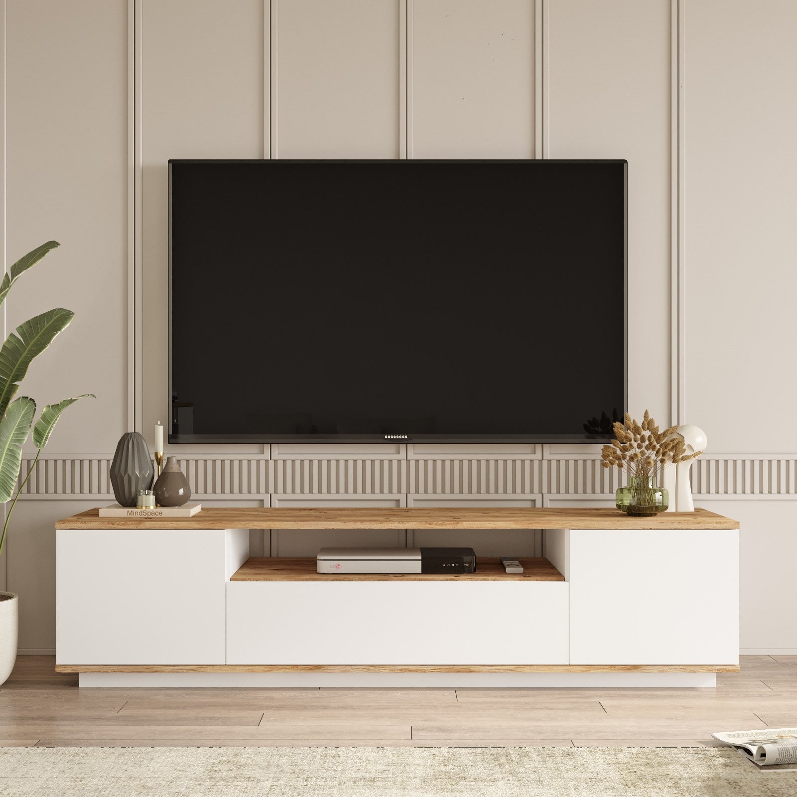 Suporte de TV moderno, pinho atlântico e branco, 180 cm x 44,6 cm x 44,5 cm | Painel de partículas 100% revestido de melamina, 18 mm de espessura | Design elegante e funcional para salas de estar