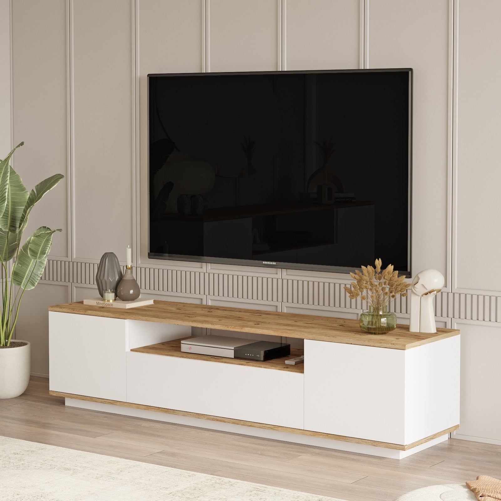 Suporte de TV moderno, pinho atlântico e branco, 180 cm x 44,6 cm x 44,5 cm | Painel de partículas 100% revestido de melamina, 18 mm de espessura | Design elegante e funcional para salas de estar