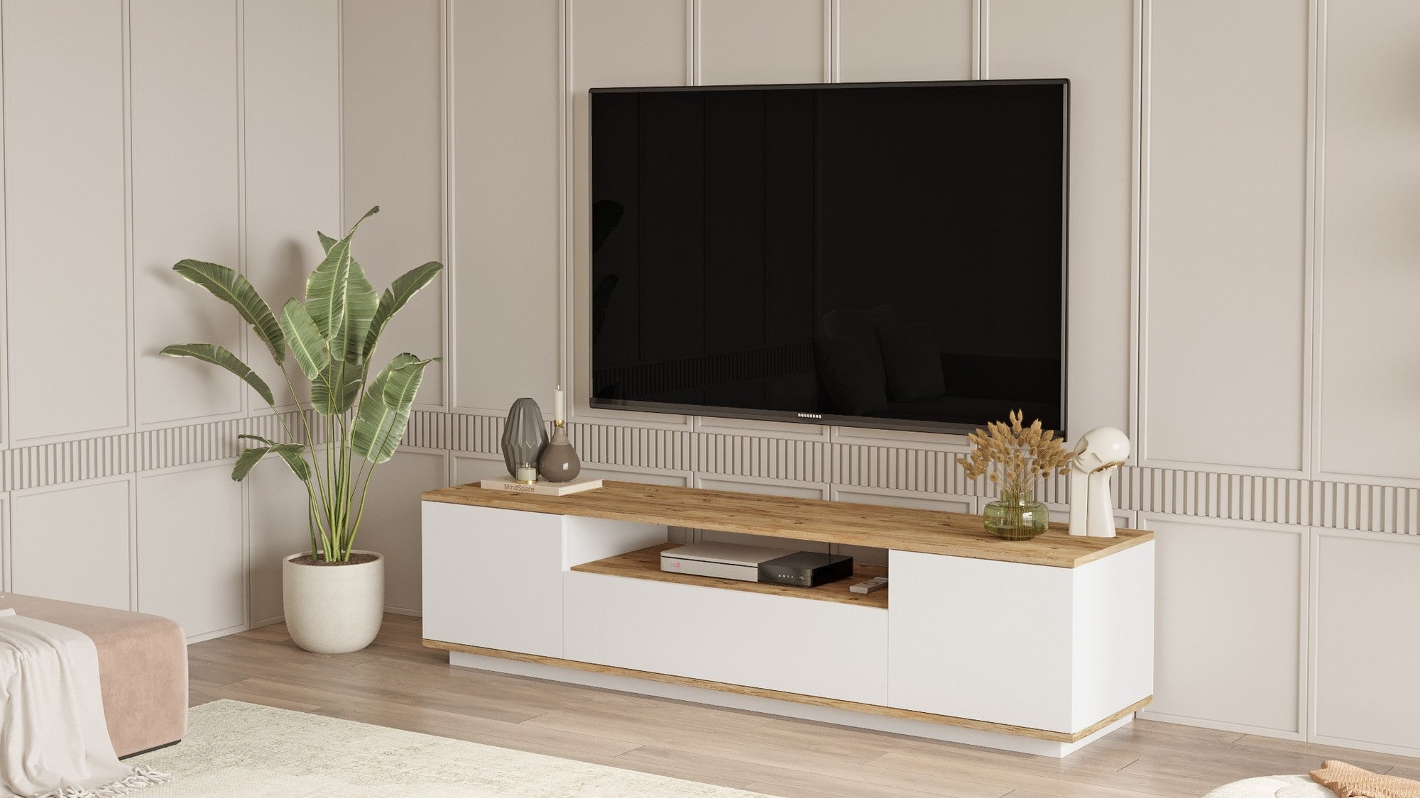 Suporte de TV moderno, pinho atlântico e branco, 180 cm x 44,6 cm x 44,5 cm | Painel de partículas 100% revestido de melamina, 18 mm de espessura | Design elegante e funcional para salas de estar