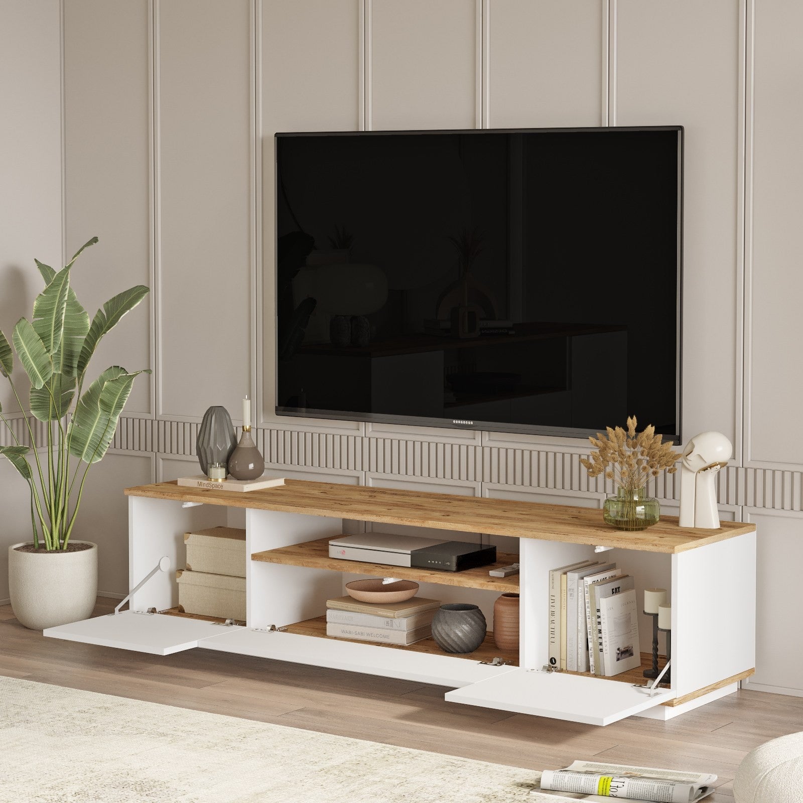 Suporte de TV moderno, pinho atlântico e branco, 180 cm x 44,6 cm x 44,5 cm | Painel de partículas 100% revestido de melamina, 18 mm de espessura | Design elegante e funcional para salas de estar
