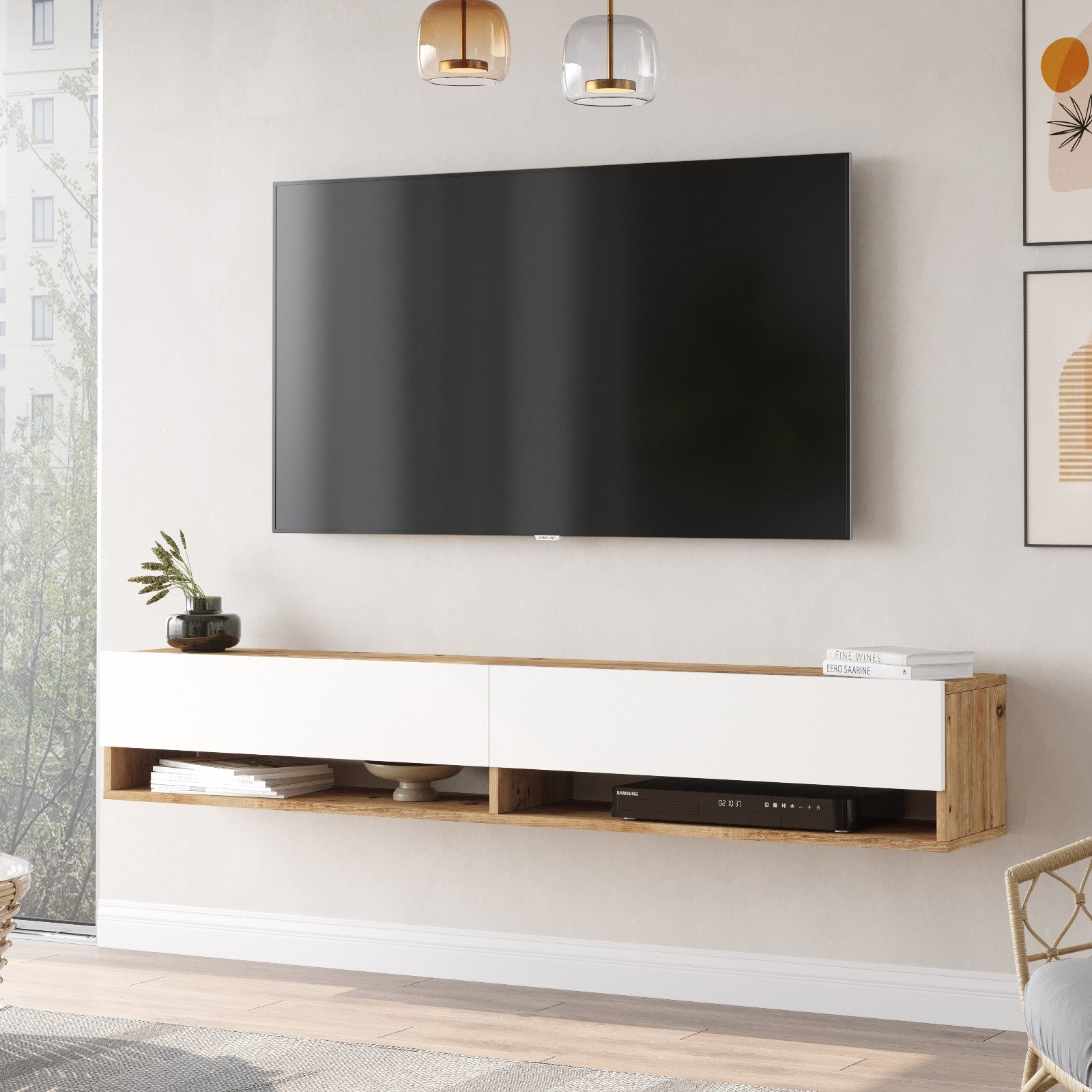 Mesa TV Atlantic Pine 180cm - Móvel Televisão Branco em Melamina Resistente