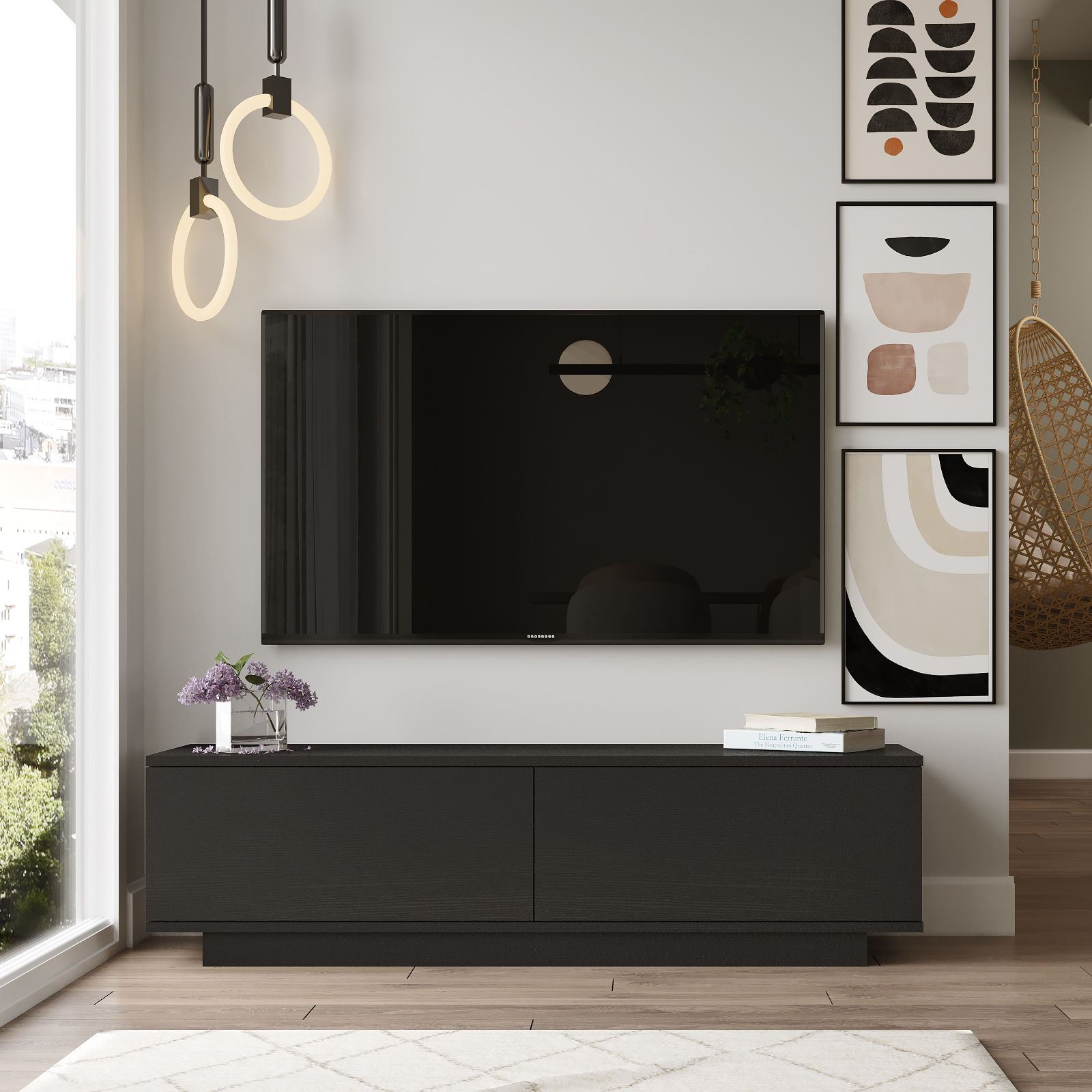 Suporte de TV moderno preto, 140 cm de largura, 38,2 cm de altura, 35,5 cm de profundidade | Painel de partículas 100% revestido de melamina, 18 mm de espessura | Design elegante e funcional para qualquer sala de estar