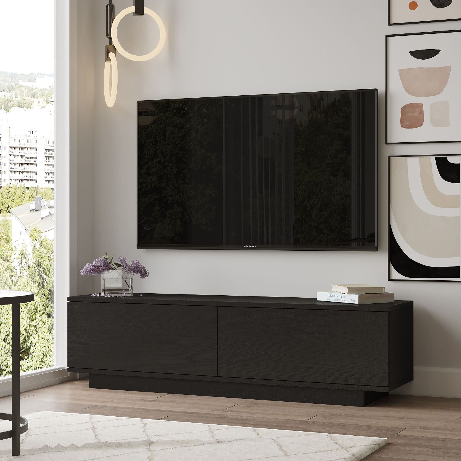 Suporte de TV moderno preto, 140 cm de largura, 38,2 cm de altura, 35,5 cm de profundidade | Painel de partículas 100% revestido de melamina, 18 mm de espessura | Design elegante e funcional para qualquer sala de estar