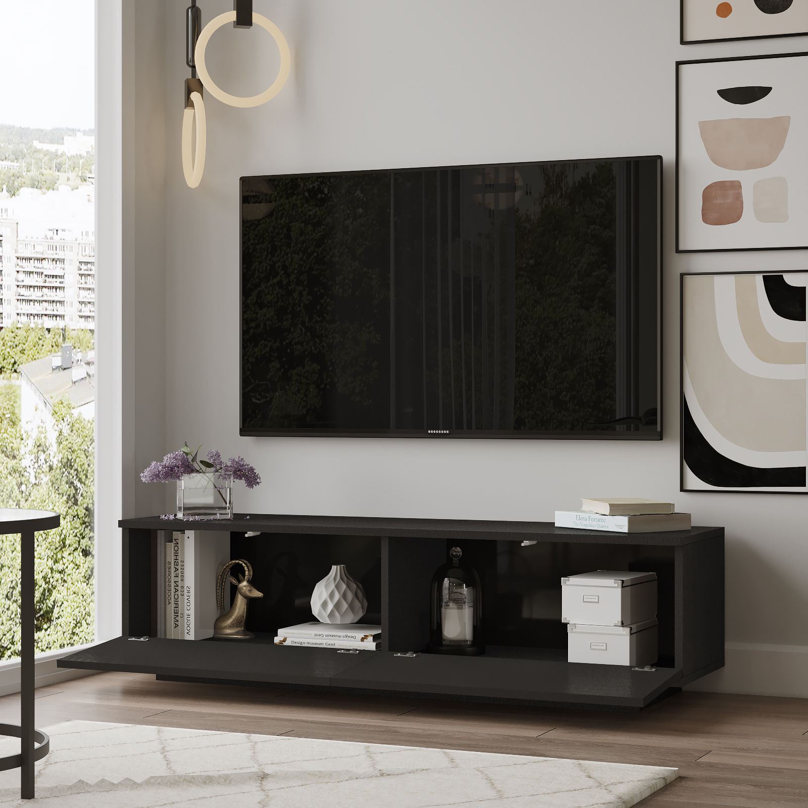 Suporte de TV moderno preto, 140 cm de largura, 38,2 cm de altura, 35,5 cm de profundidade | Painel de partículas 100% revestido de melamina, 18 mm de espessura | Design elegante e funcional para qualquer sala de estar