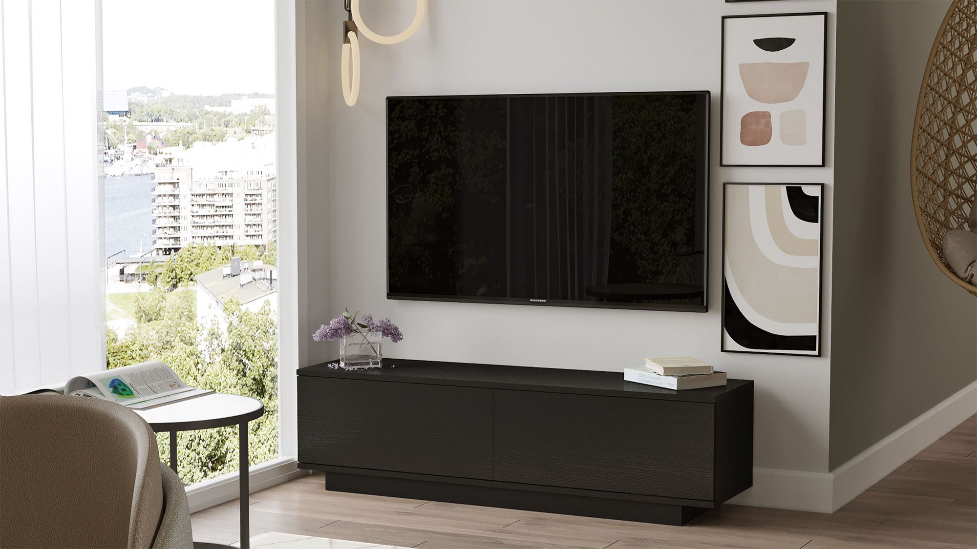 Suporte de TV moderno preto, 140 cm de largura, 38,2 cm de altura, 35,5 cm de profundidade | Painel de partículas 100% revestido de melamina, 18 mm de espessura | Design elegante e funcional para qualquer sala de estar
