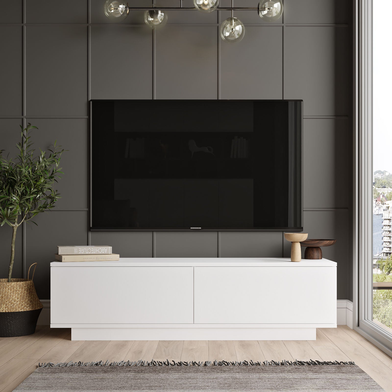 Suporte de TV moderno branco, 140 cm de largura, 38,2 cm de altura, 35,5 cm de profundidade | Painel de partículas 100% revestido de melamina, 18 mm de espessura | Design elegante e funcional para qualquer sala de estar