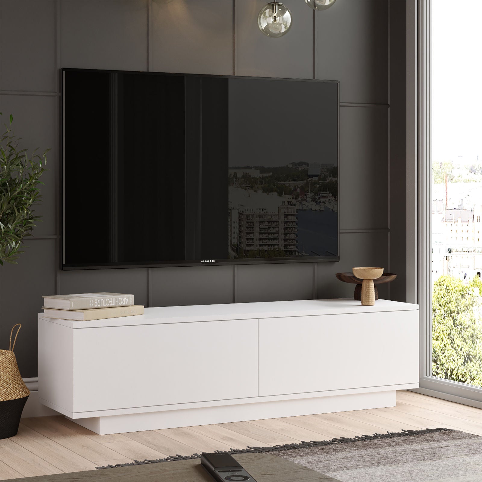 Suporte de TV moderno branco, 140 cm de largura, 38,2 cm de altura, 35,5 cm de profundidade | Painel de partículas 100% revestido de melamina, 18 mm de espessura | Design elegante e funcional para qualquer sala de estar