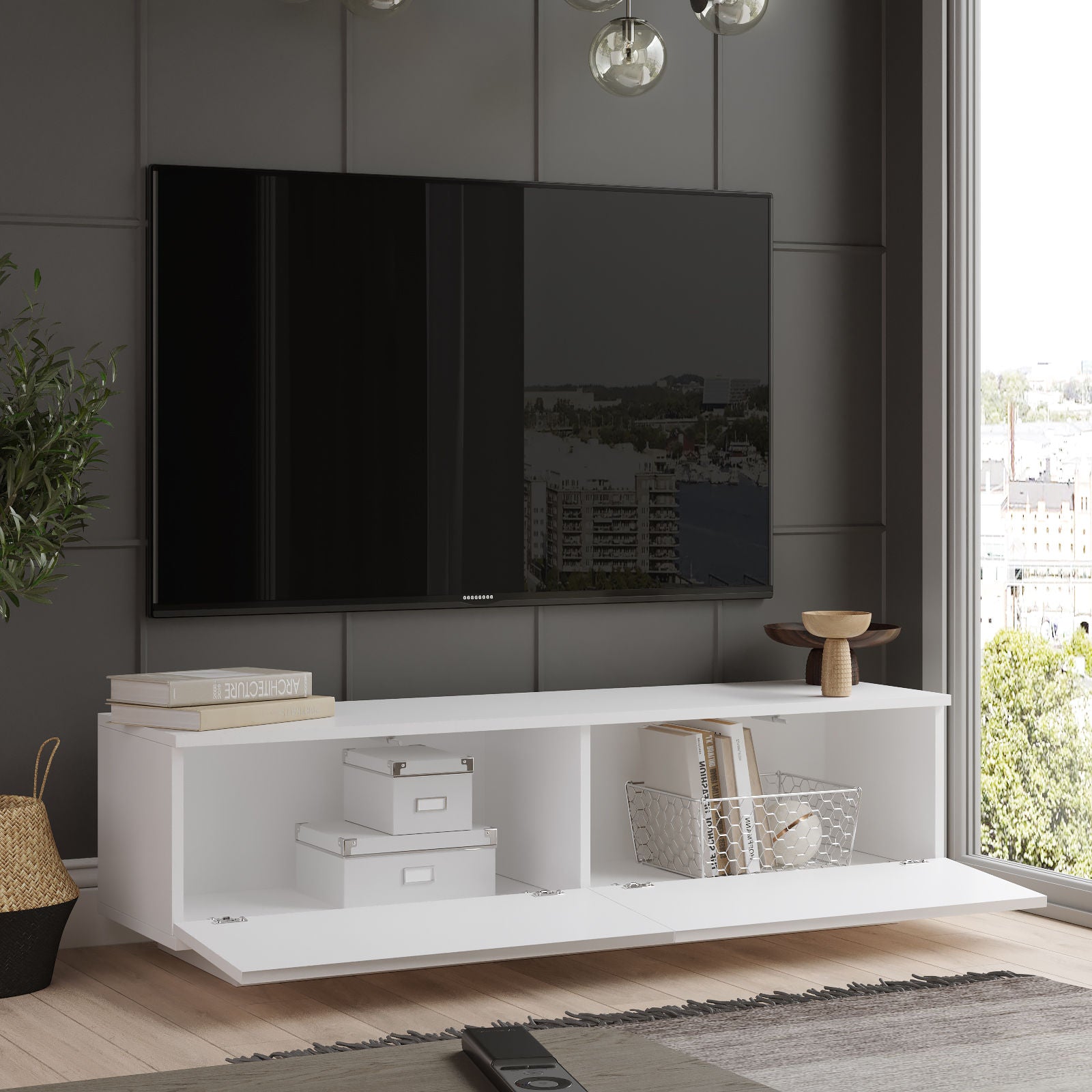 Suporte de TV moderno branco, 140 cm de largura, 38,2 cm de altura, 35,5 cm de profundidade | Painel de partículas 100% revestido de melamina, 18 mm de espessura | Design elegante e funcional para qualquer sala de estar