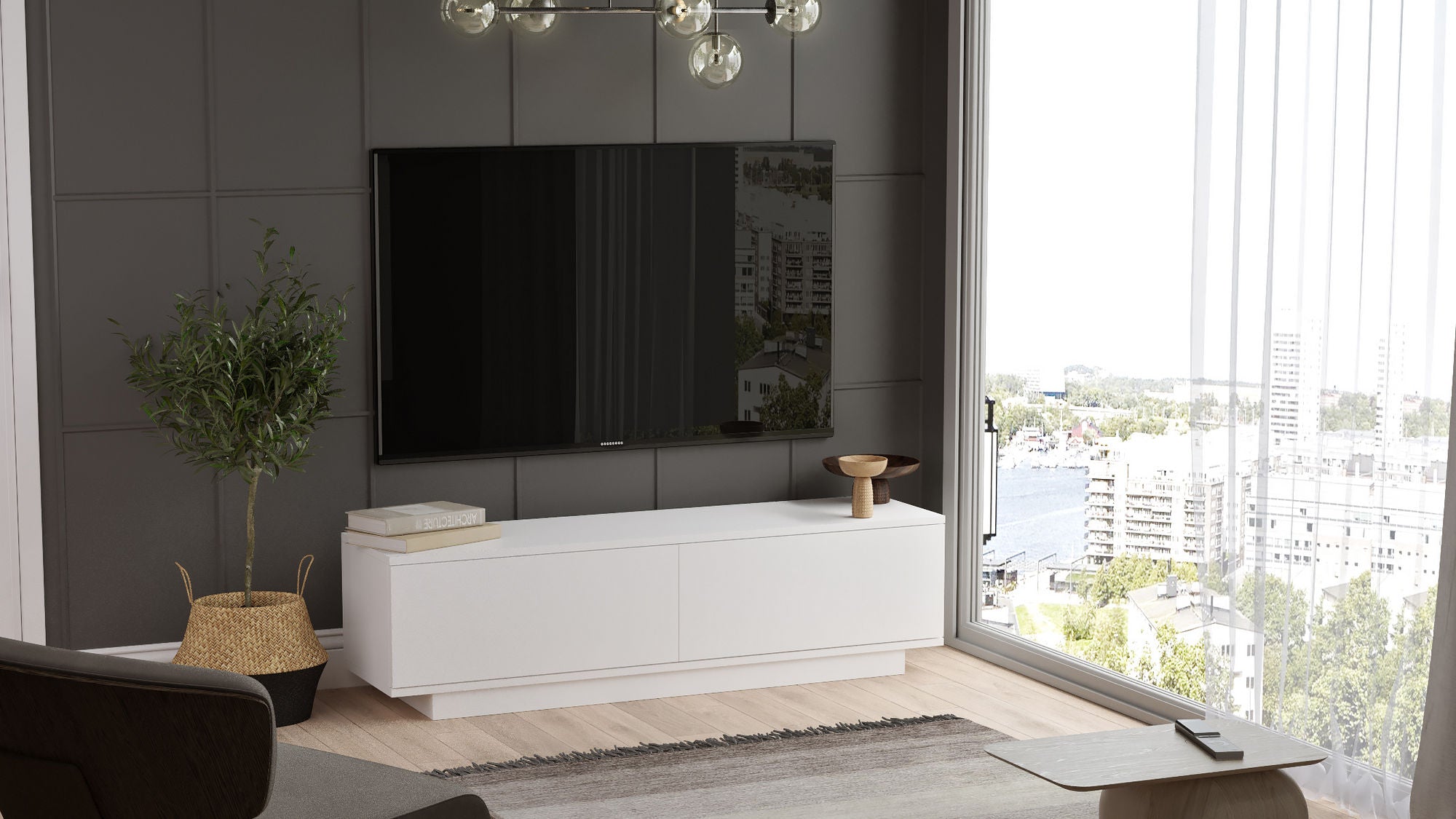 Suporte de TV moderno branco, 140 cm de largura, 38,2 cm de altura, 35,5 cm de profundidade | Painel de partículas 100% revestido de melamina, 18 mm de espessura | Design elegante e funcional para qualquer sala de estar