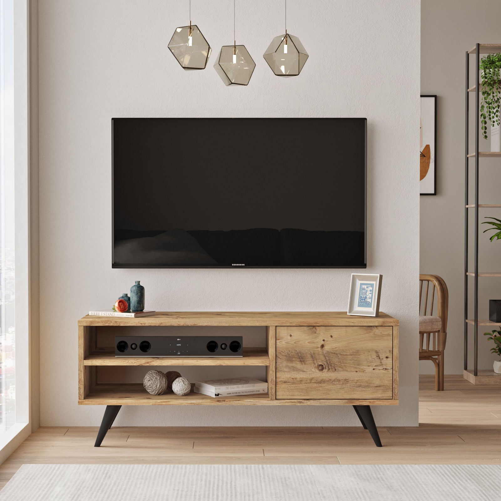 Suporte de TV moderno, pinho atlântico, 110 x 44 x 40 cm | Painel de partículas 100% revestido de melamina, 18 mm de espessura, pernas de madeira resistentes | Design elegante e funcional para salas de estar