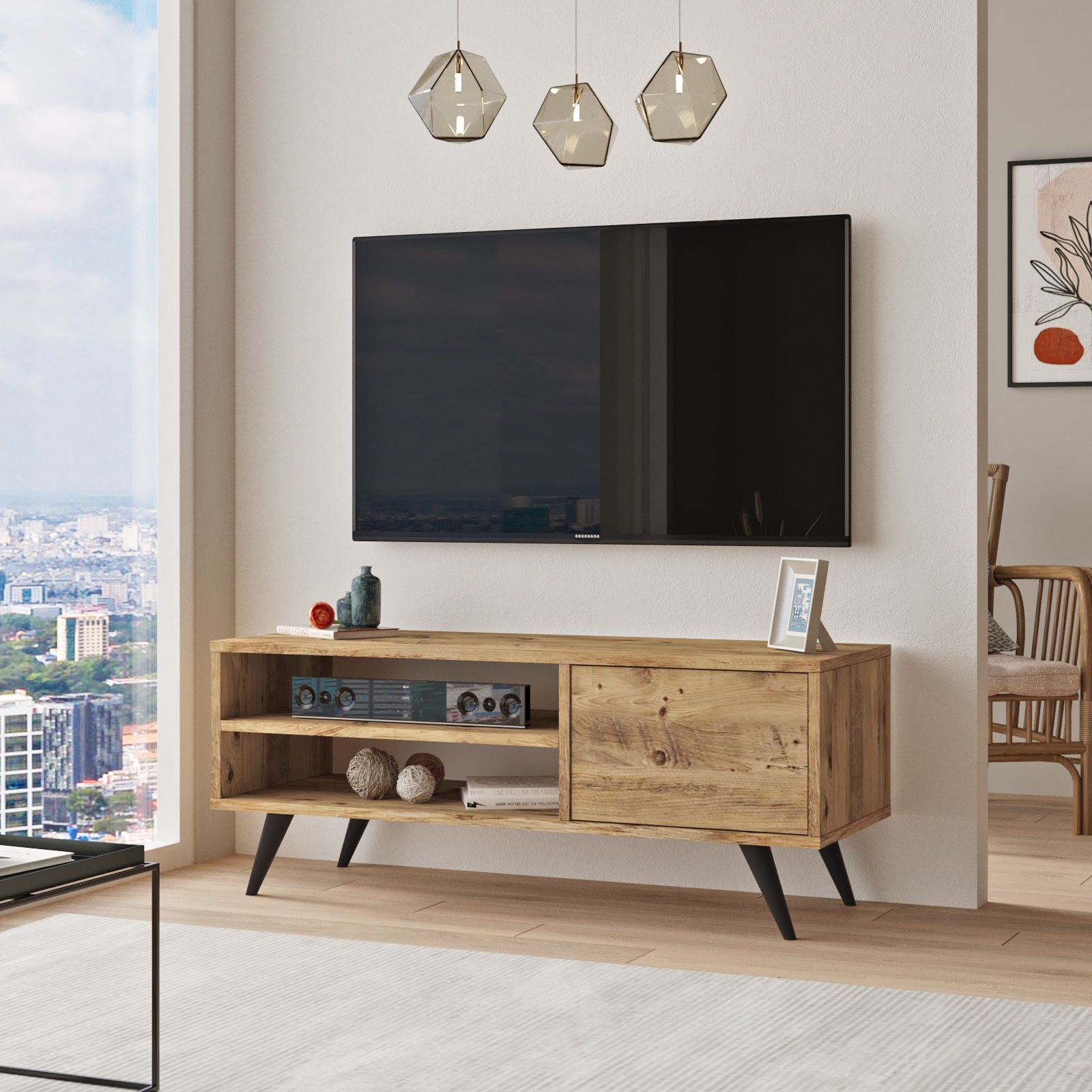 Suporte de TV moderno, pinho atlântico, 110 x 44 x 40 cm | Painel de partículas 100% revestido de melamina, 18 mm de espessura, pernas de madeira resistentes | Design elegante e funcional para salas de estar