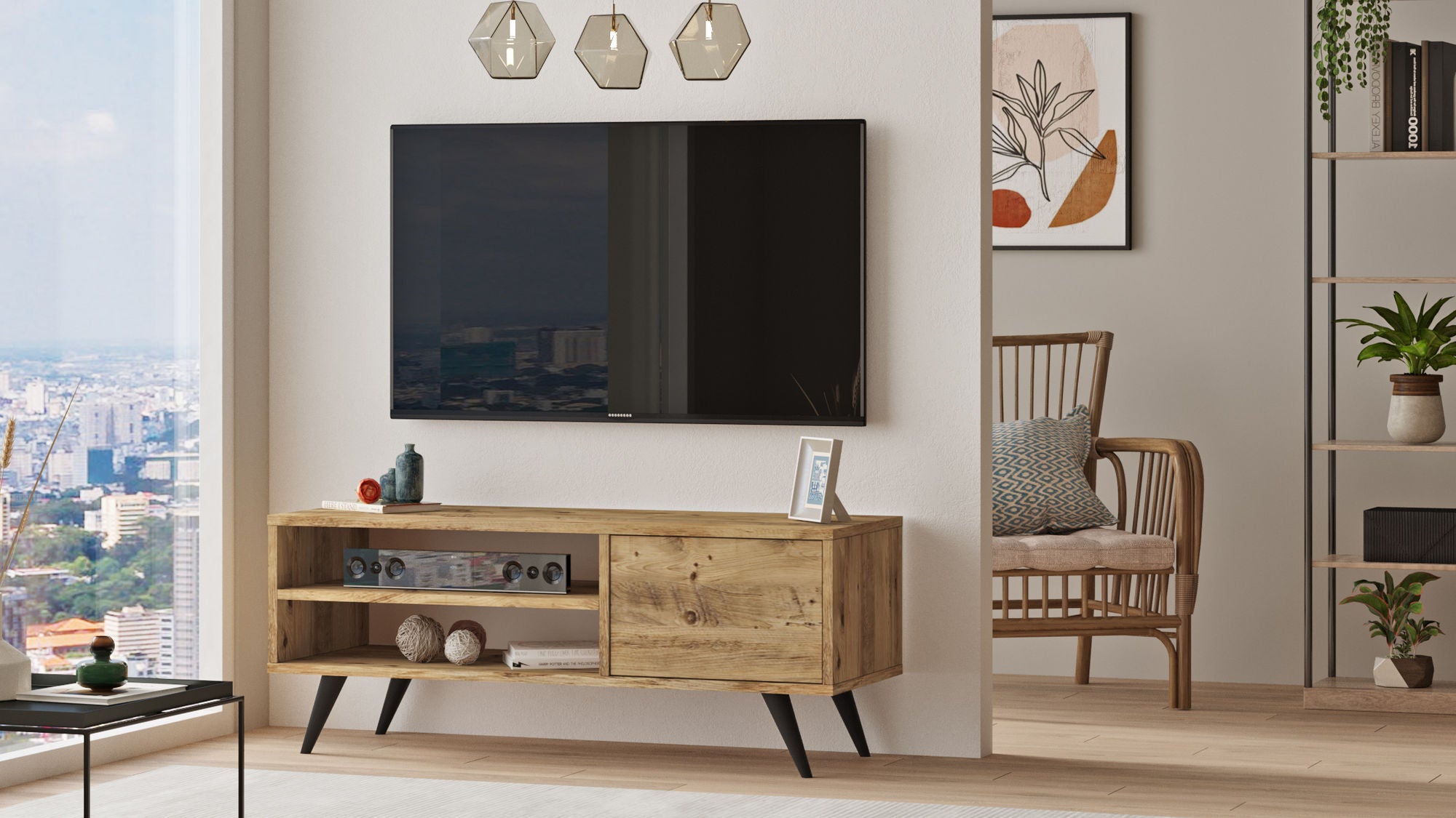 Suporte de TV moderno, pinho atlântico, 110 x 44 x 40 cm | Painel de partículas 100% revestido de melamina, 18 mm de espessura, pernas de madeira resistentes | Design elegante e funcional para salas de estar