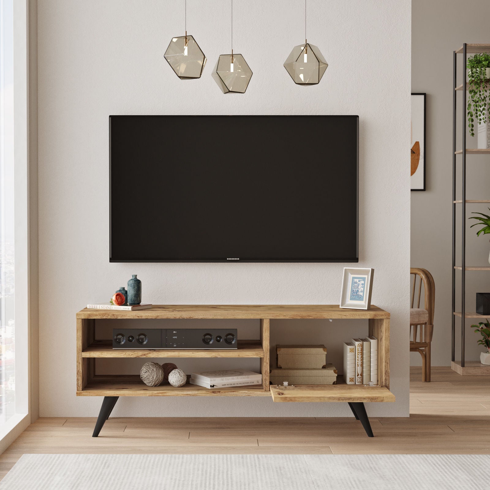 Suporte de TV moderno, pinho atlântico, 110 x 44 x 40 cm | Painel de partículas 100% revestido de melamina, 18 mm de espessura, pernas de madeira resistentes | Design elegante e funcional para salas de estar