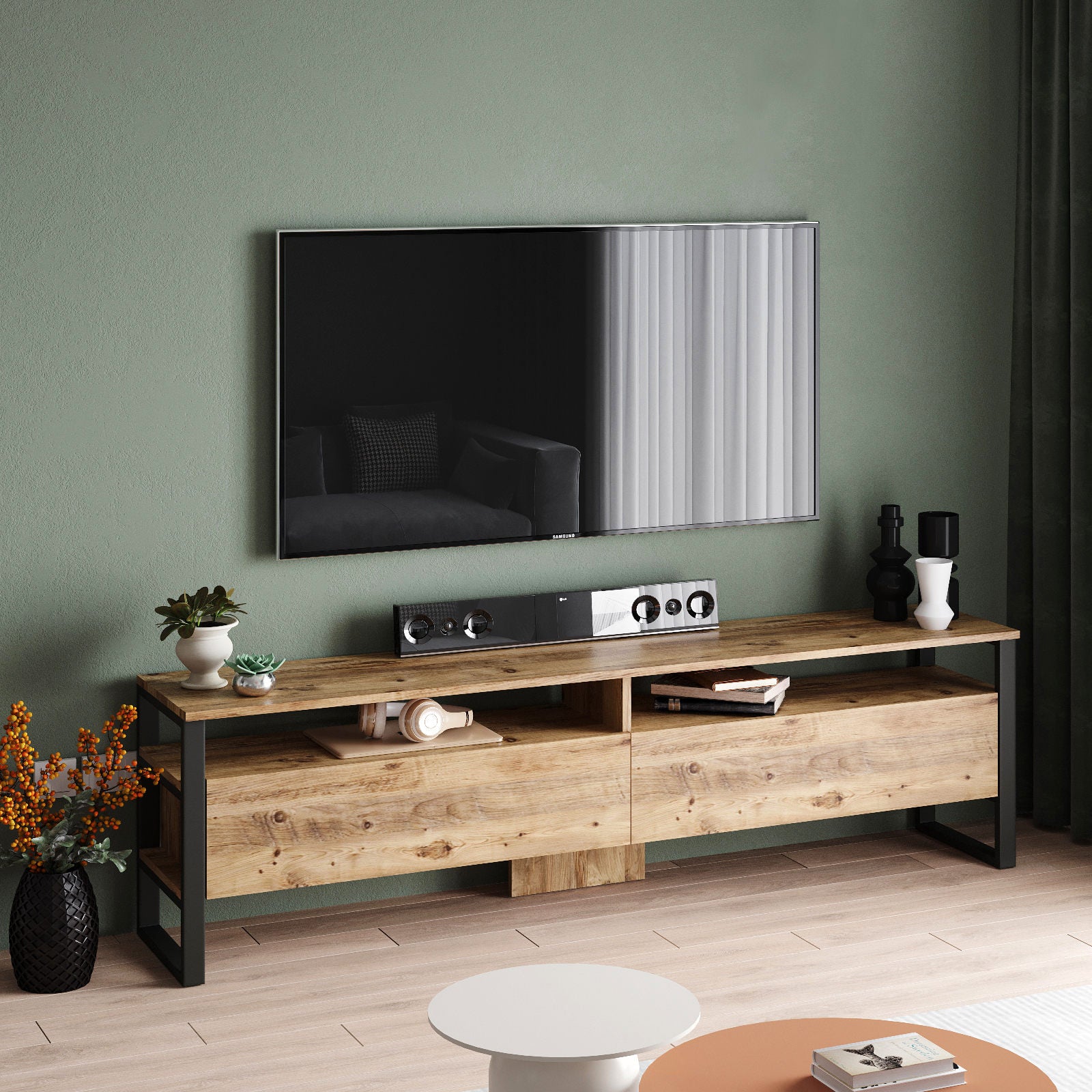 Móvel de TV moderno com pés de metal, pinho atlântico, 180 x 56 x 35,5 cm | Painel de partículas 100% revestido de melamina, 18 mm de espessura | Design elegante e funcional com várias prateleiras