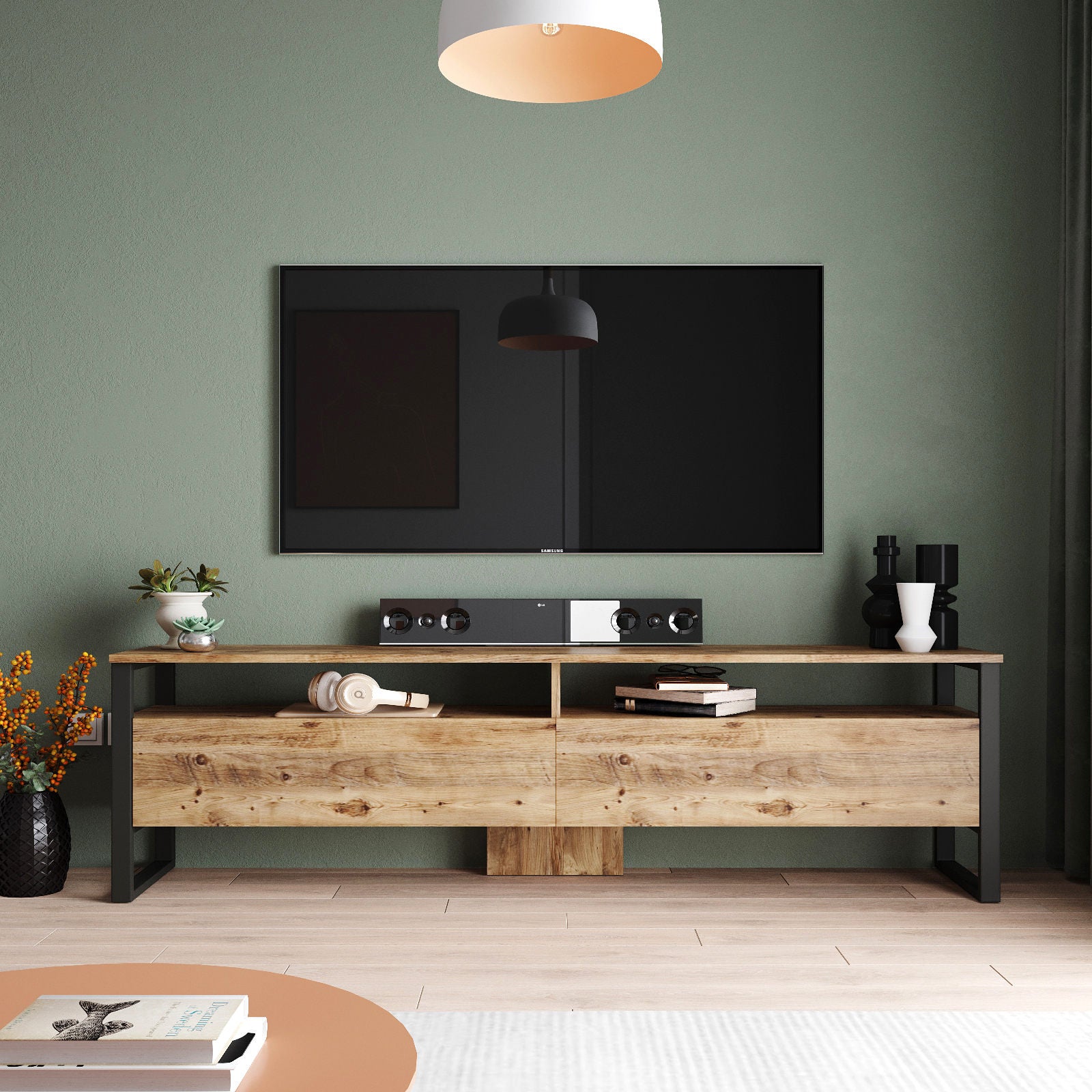 Móvel de TV moderno com pés de metal, pinho atlântico, 180 x 56 x 35,5 cm | Painel de partículas 100% revestido de melamina, 18 mm de espessura | Design elegante e funcional com várias prateleiras