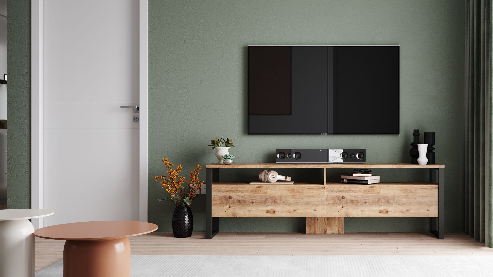 Móvel de TV moderno com pés de metal, pinho atlântico, 180 x 56 x 35,5 cm | Painel de partículas 100% revestido de melamina, 18 mm de espessura | Design elegante e funcional com várias prateleiras