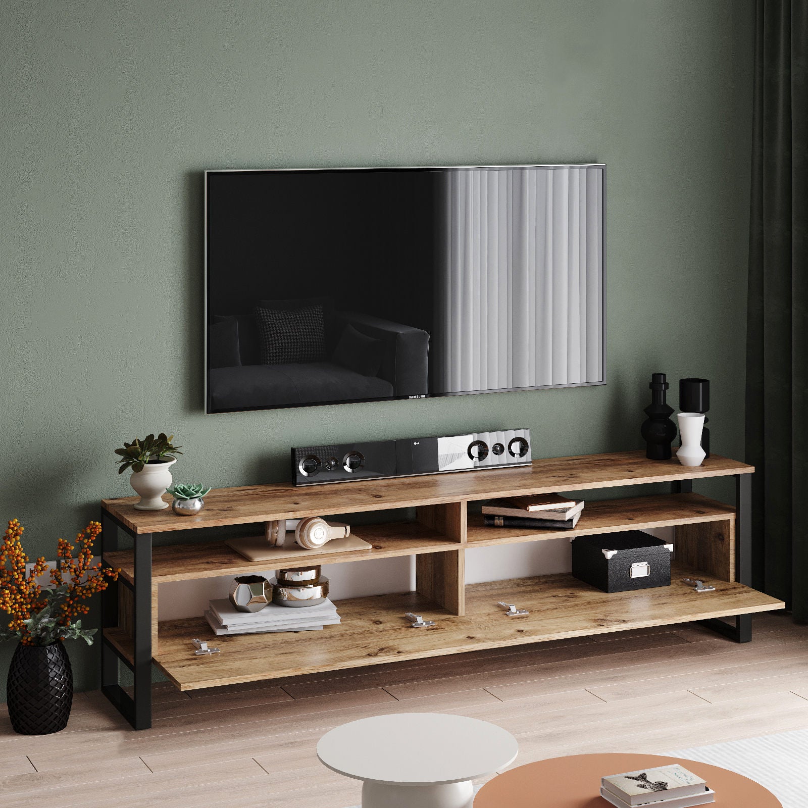 Móvel de TV moderno com pés de metal, pinho atlântico, 180 x 56 x 35,5 cm | Painel de partículas 100% revestido de melamina, 18 mm de espessura | Design elegante e funcional com várias prateleiras