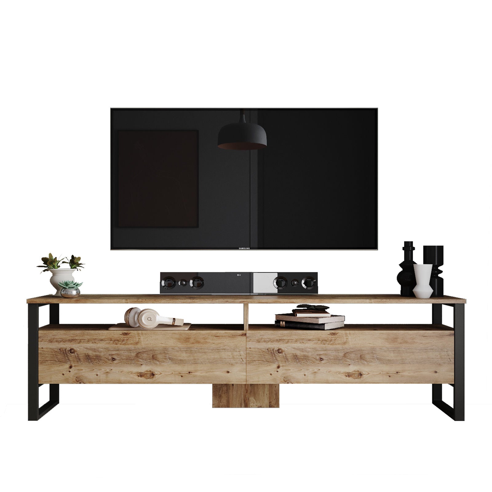 Móvel de TV moderno com pés de metal, pinho atlântico, 180 x 56 x 35,5 cm | Painel de partículas 100% revestido de melamina, 18 mm de espessura | Design elegante e funcional com várias prateleiras