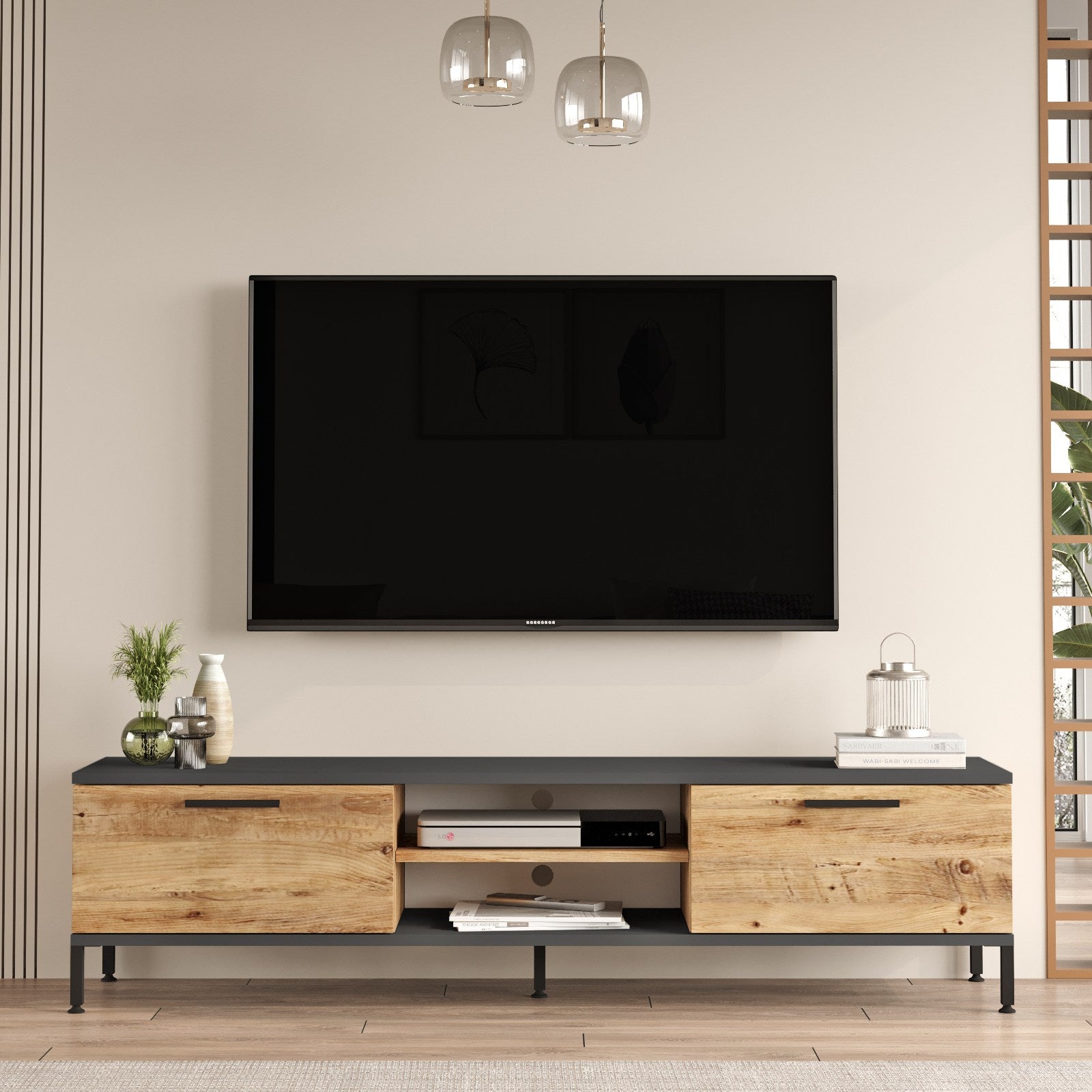 Móvel de TV elegante, pinho atlântico e antracite, 160 x 39,1 x 35 cm | Painel de partículas 100% revestido em melamina, 18 mm de espessura | Design moderno para sala de estar