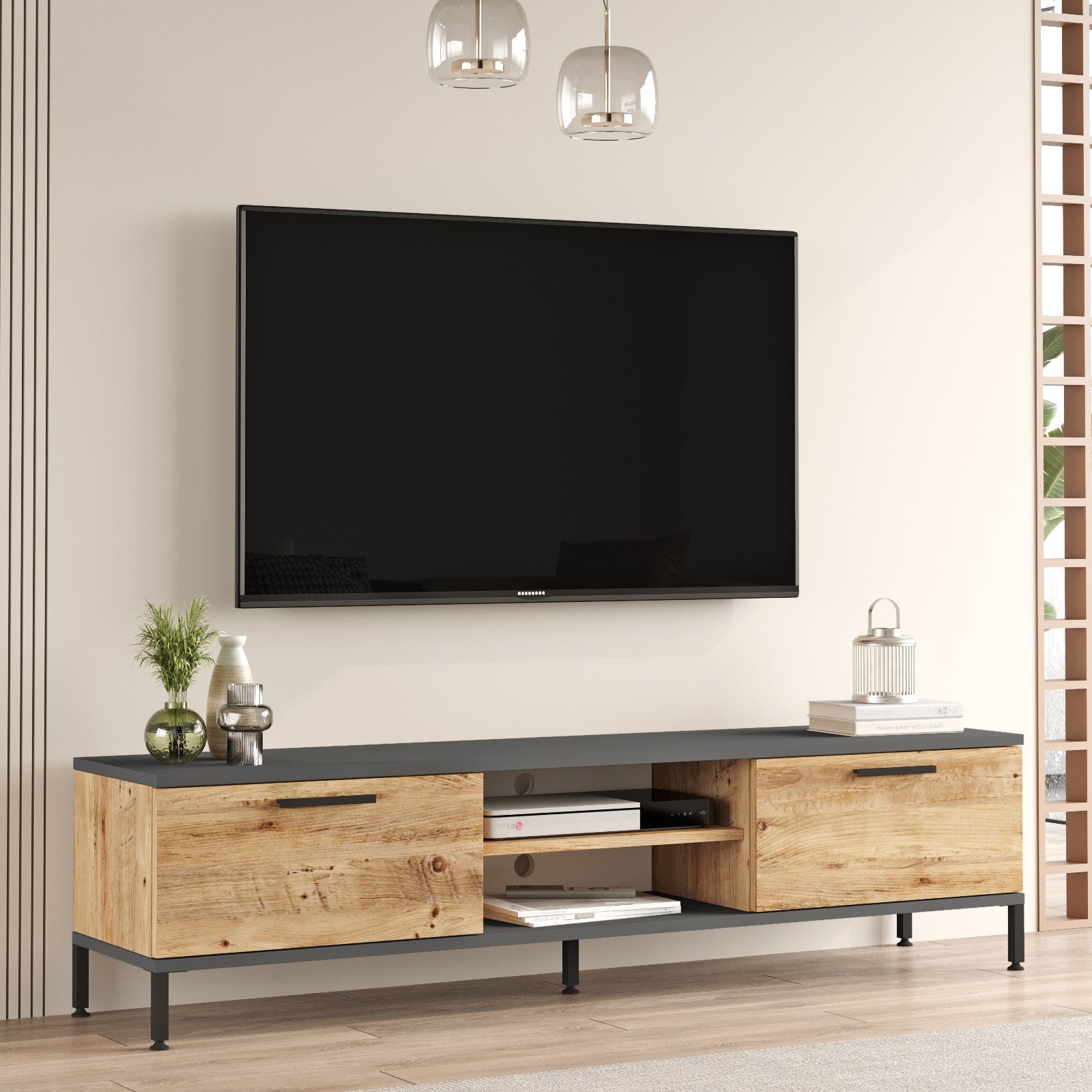Móvel de TV elegante, pinho atlântico e antracite, 160 x 39,1 x 35 cm | Painel de partículas 100% revestido em melamina, 18 mm de espessura | Design moderno para sala de estar