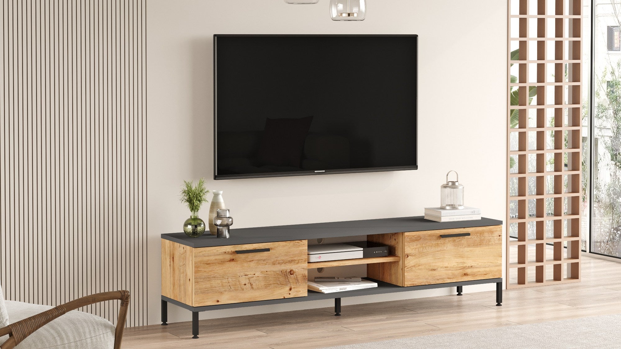 Móvel de TV elegante, pinho atlântico e antracite, 160 x 39,1 x 35 cm | Painel de partículas 100% revestido em melamina, 18 mm de espessura | Design moderno para sala de estar